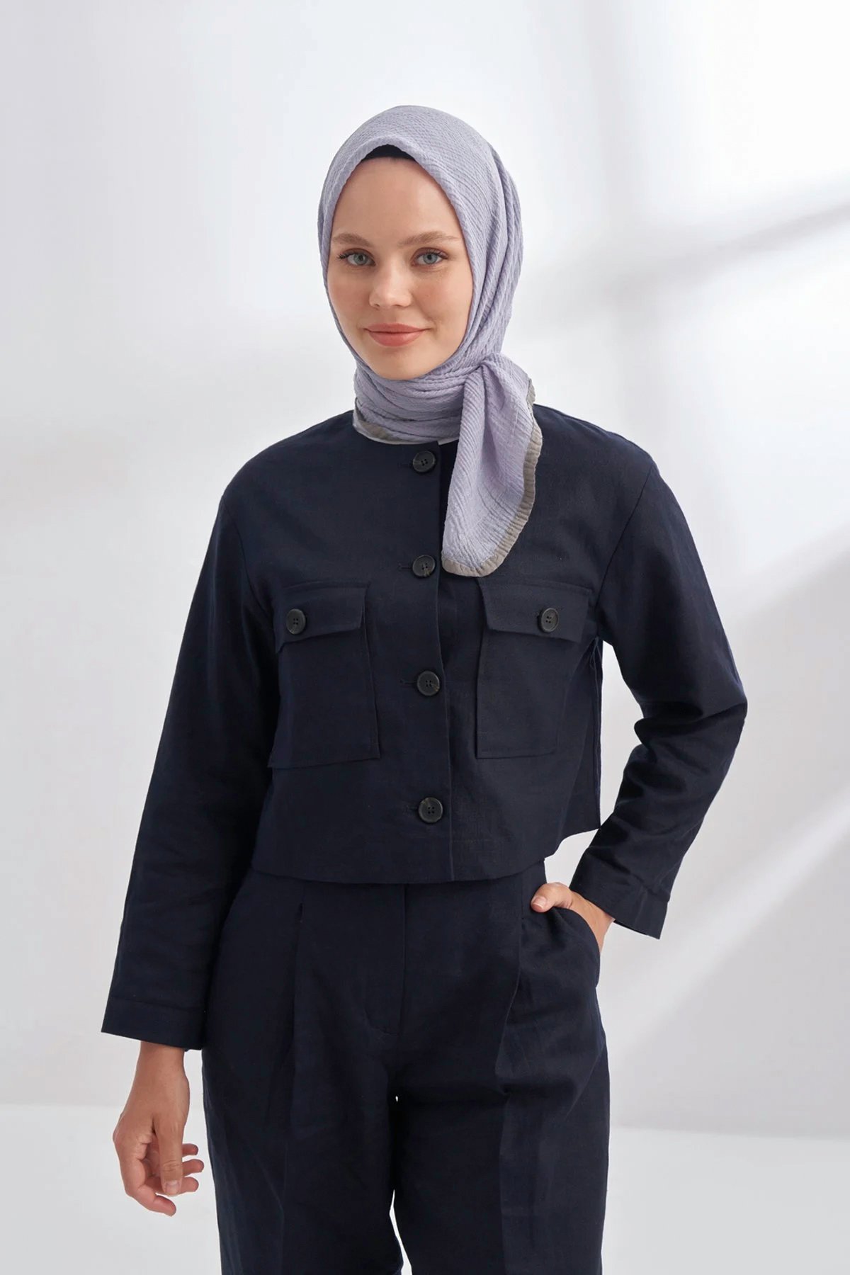 Müslin Biyeli Eşarp 3353-1124 Gri Mavi 