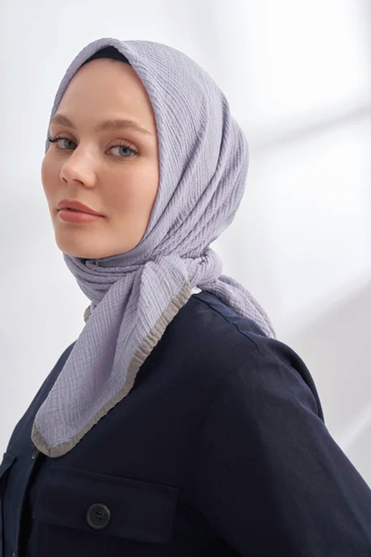 Müslin Biyeli Eşarp 3353-1124 Gri Mavi 
