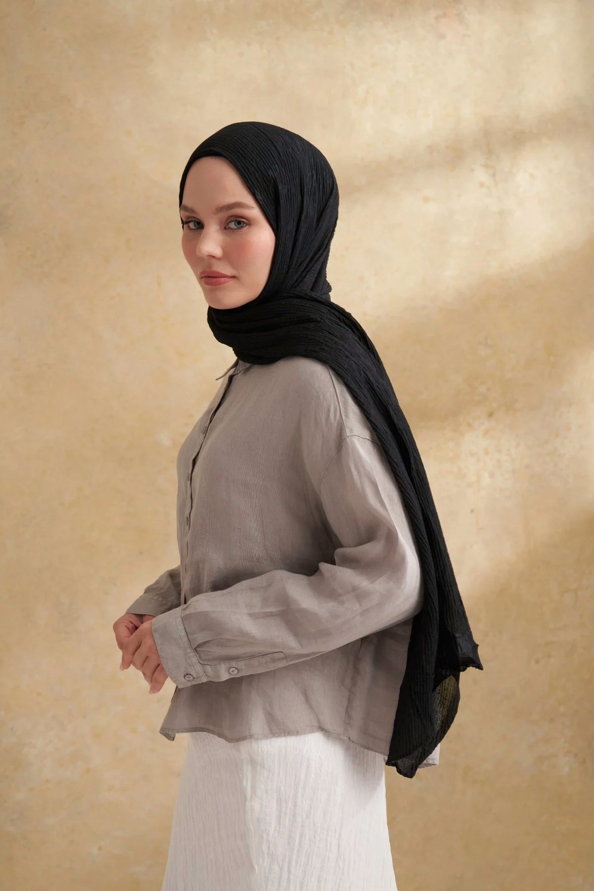 Müslin Yaprak Desen Şal 3351-1 Siyah 