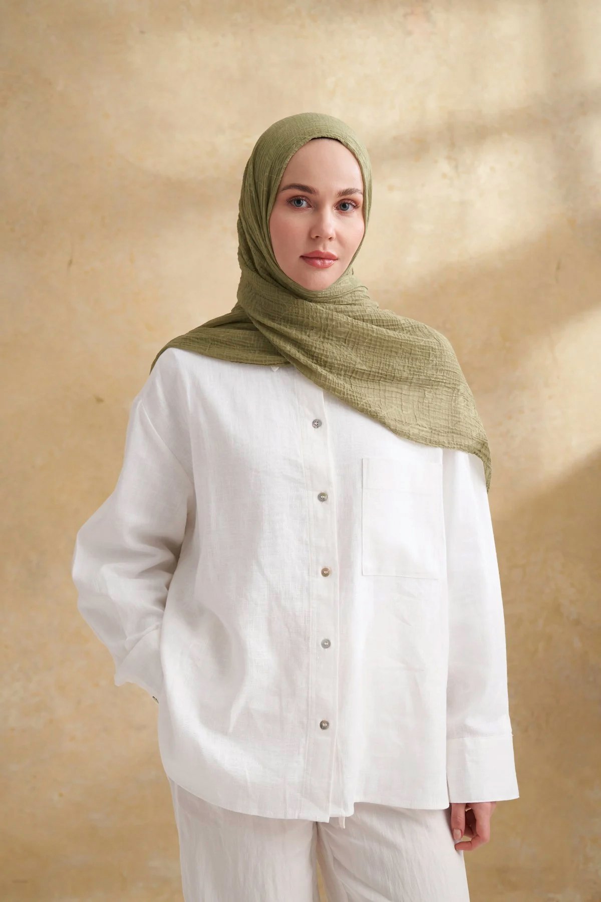 Müslin Yaprak Desen Şal 3351-1034 Olive 