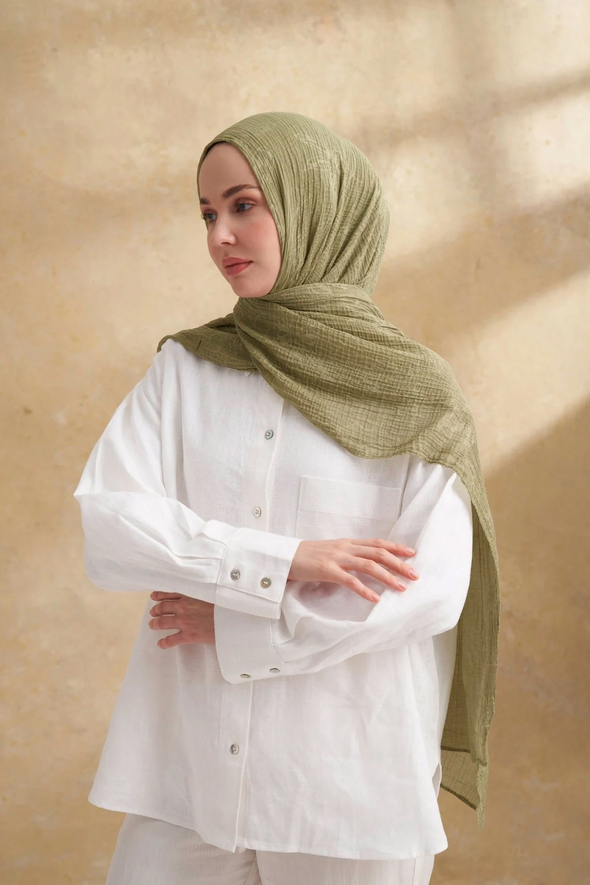 Müslin Yaprak Desen Şal 3351-1034 Olive 