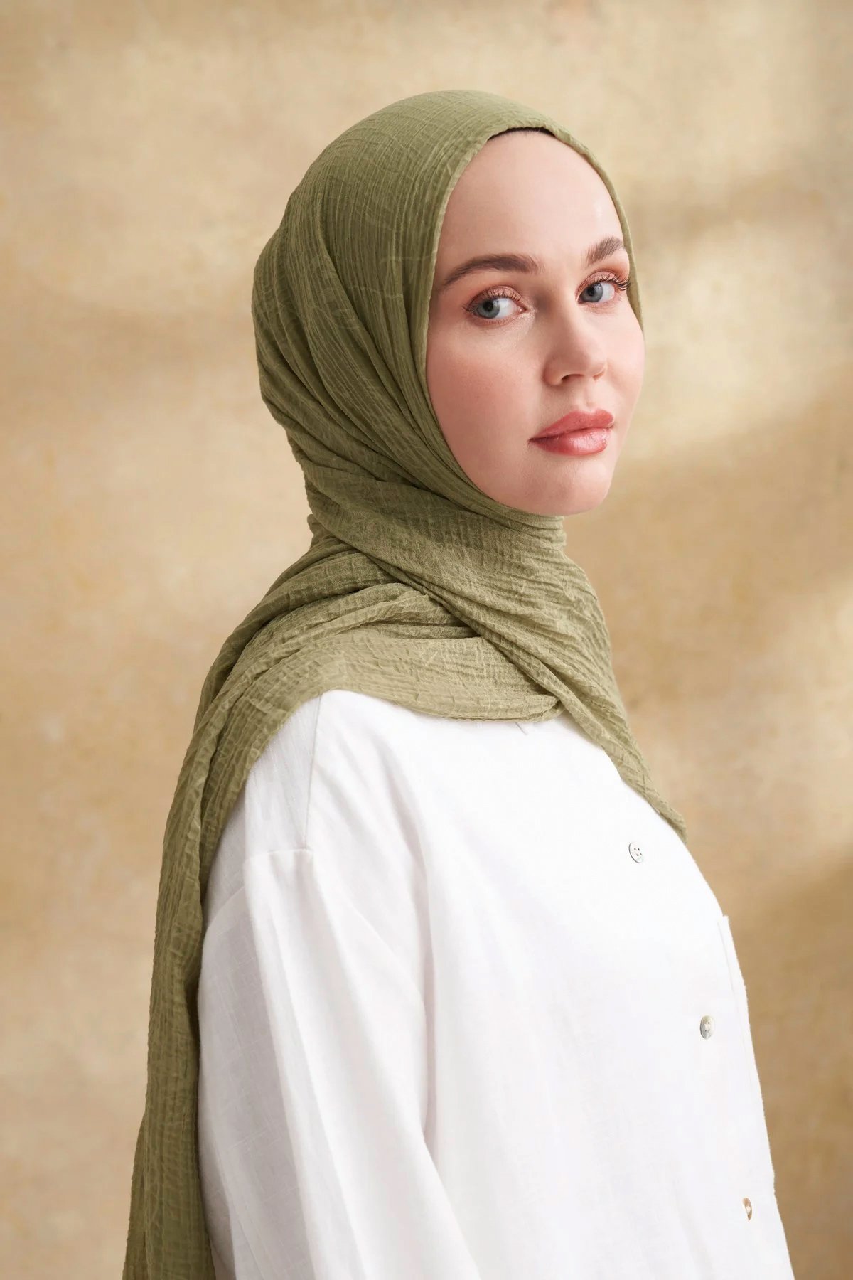 Müslin Yaprak Desen Şal 3351-1034 Olive 