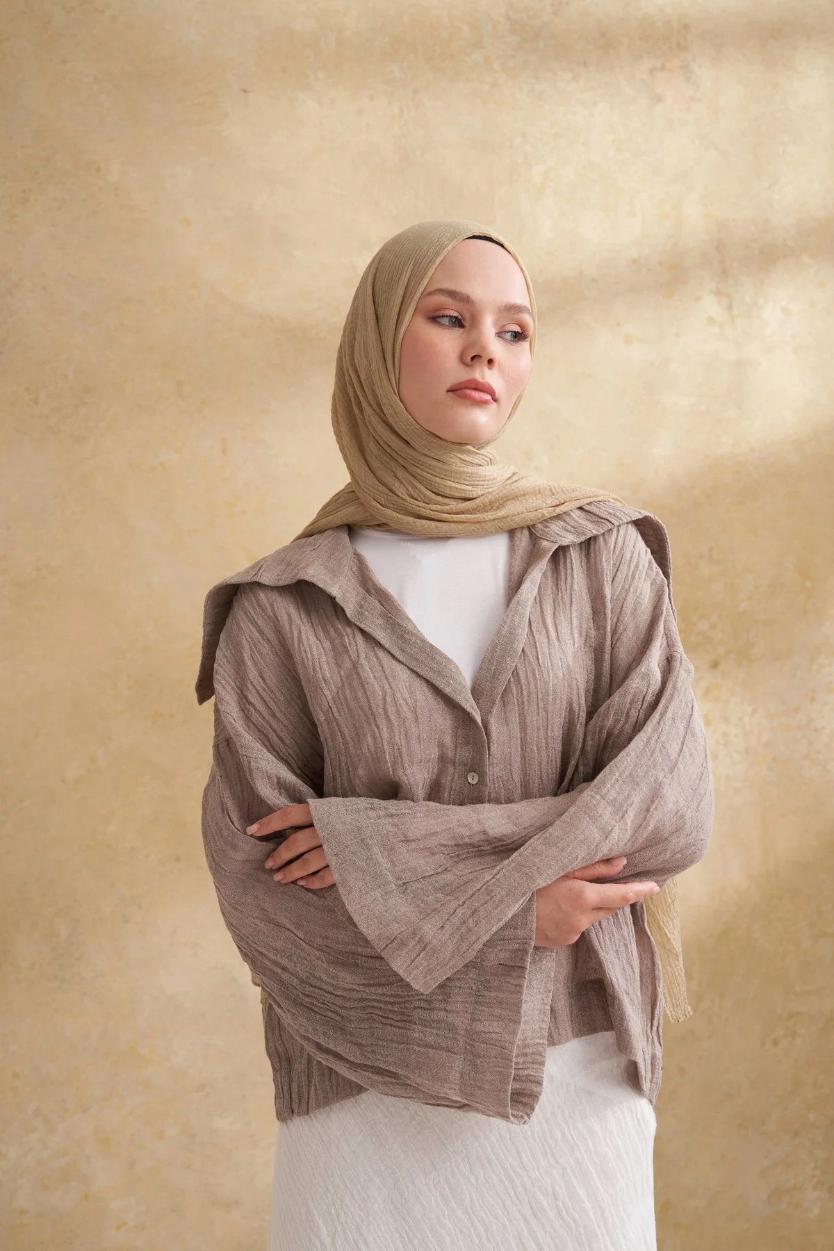 Müslin Yaprak Desen Şal 3351-1042 Soft Olive 