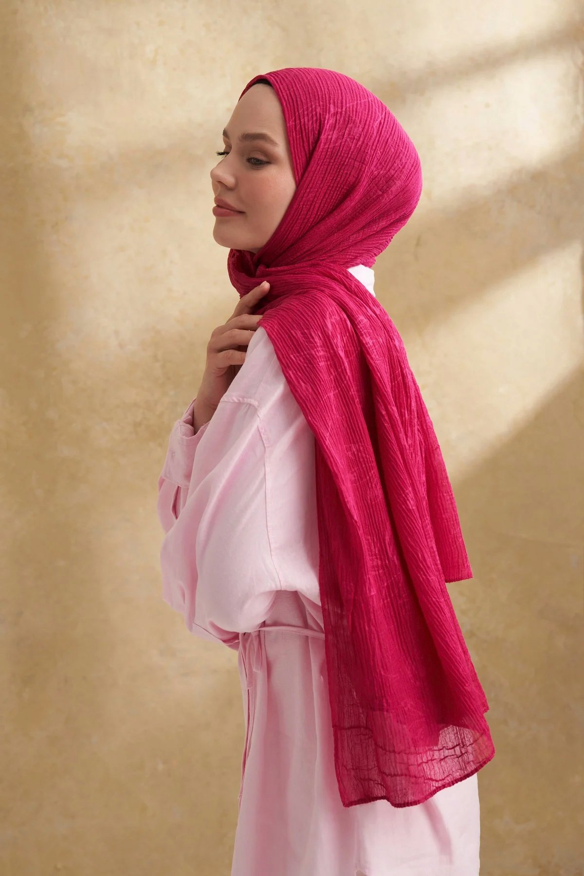 Müslin Yaprak Desen Şal 3351-128 Fuşya 