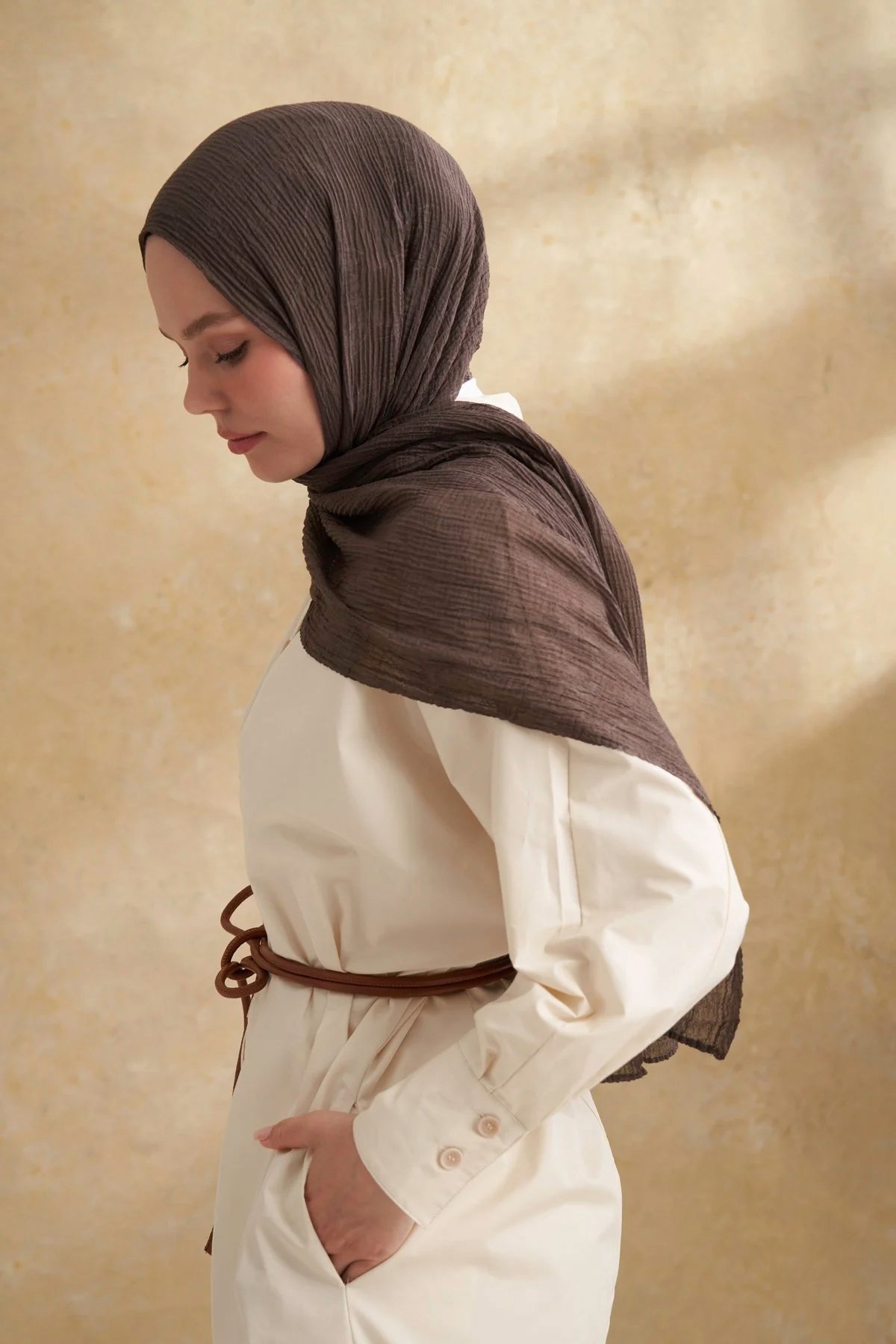 Müslin Yaprak Desen Şal 3351-134 Füme 