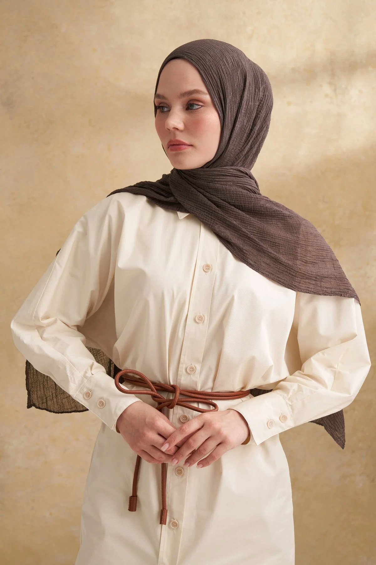 Müslin Yaprak Desen Şal 3351-134 Füme 