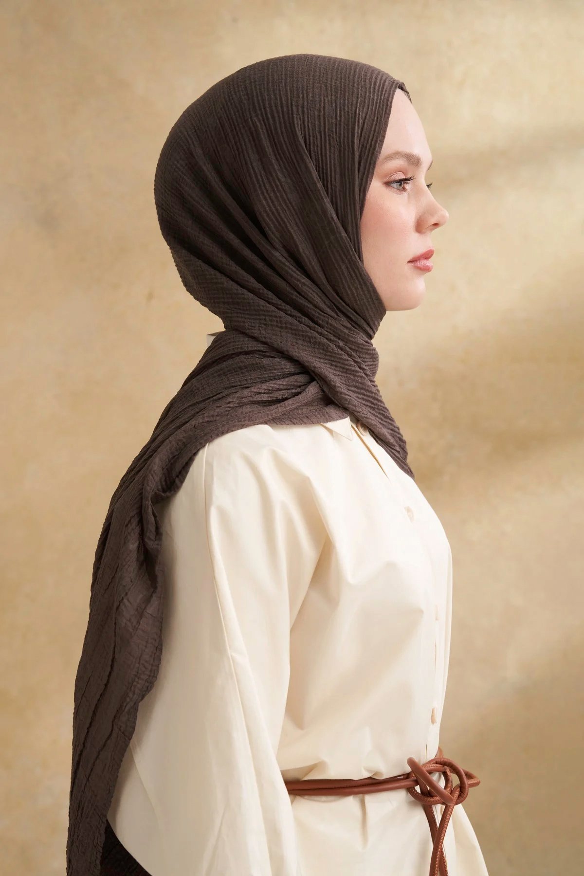 Müslin Yaprak Desen Şal 3351-134 Füme 