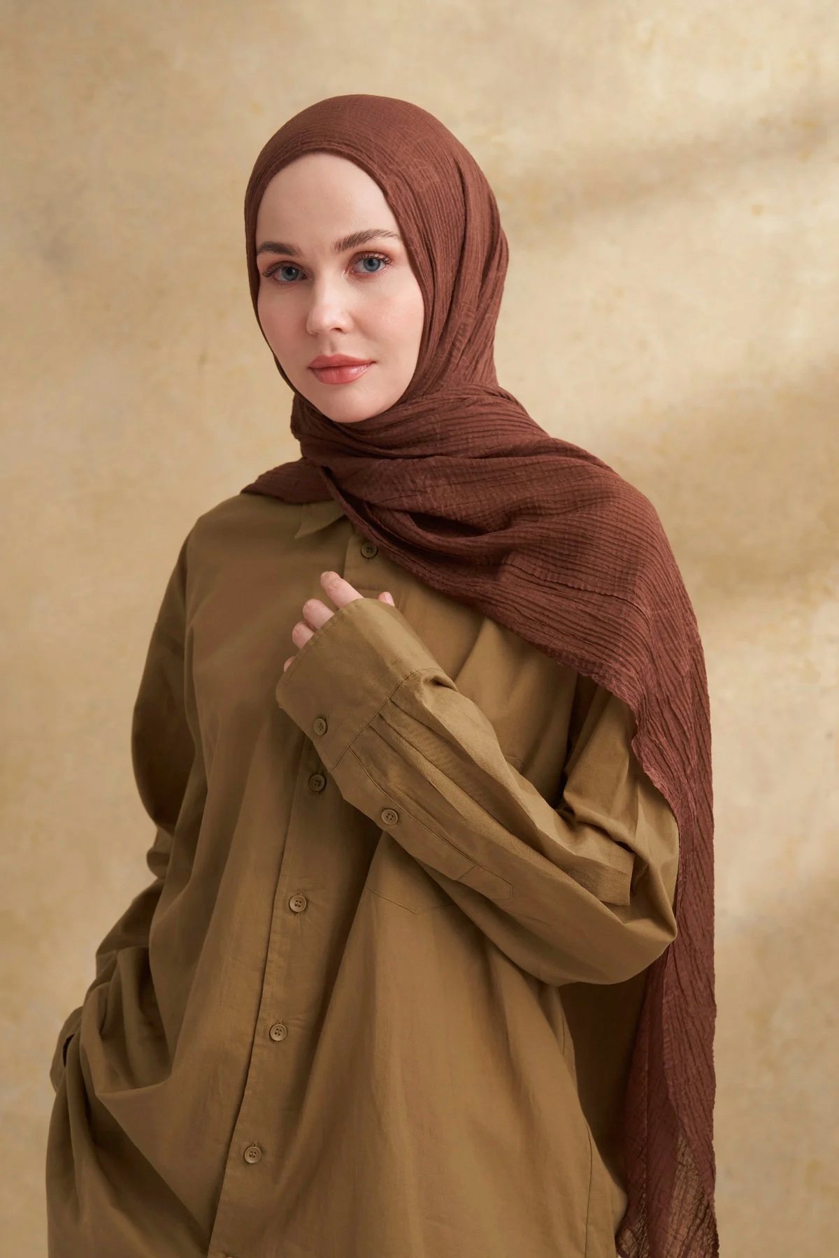 Müslin Yaprak Desen Şal 3351-136 Kahve 