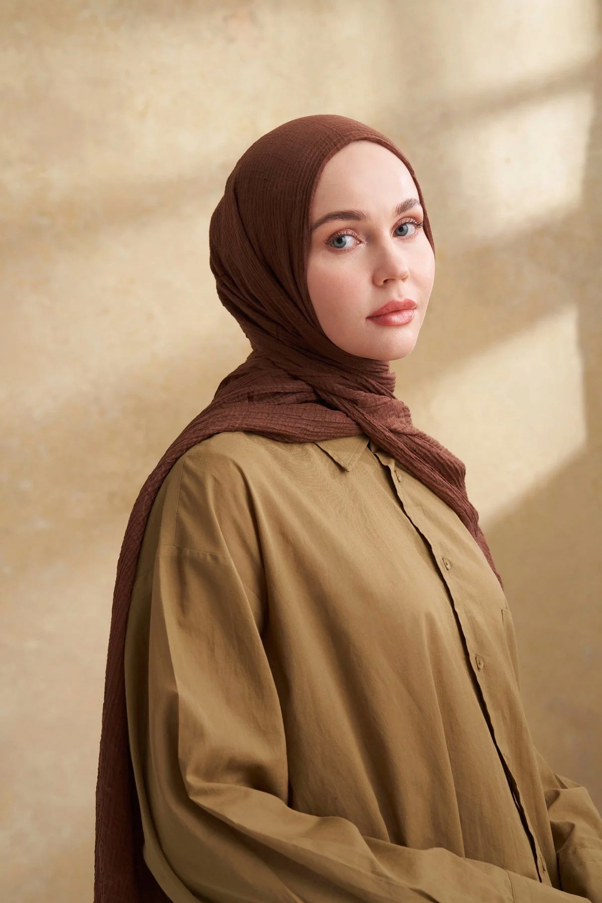 Müslin Yaprak Desen Şal 3351-136 Kahve 