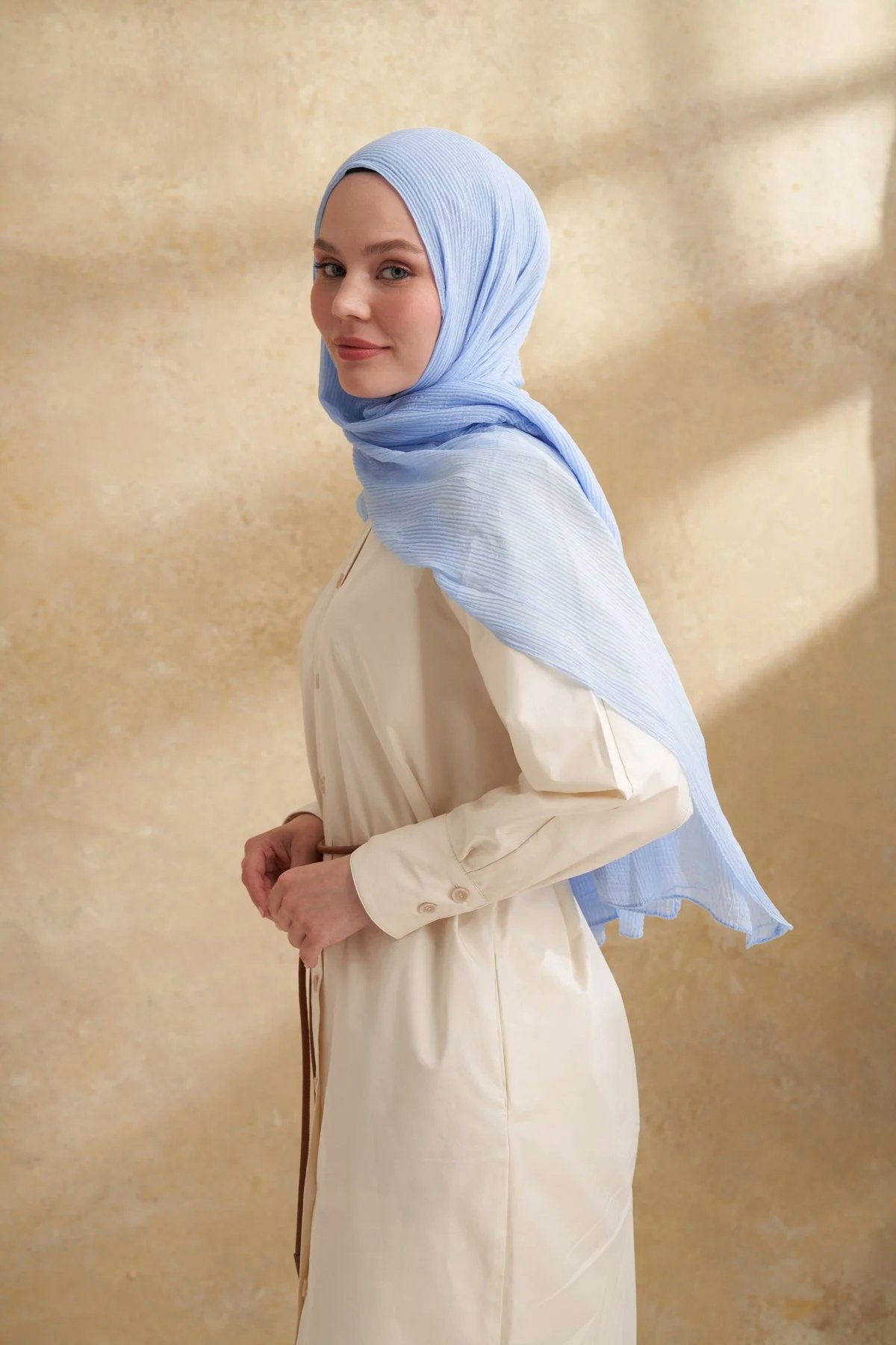 Müslin Yaprak Desen Şal 3351-148 Bebe Mavisi 