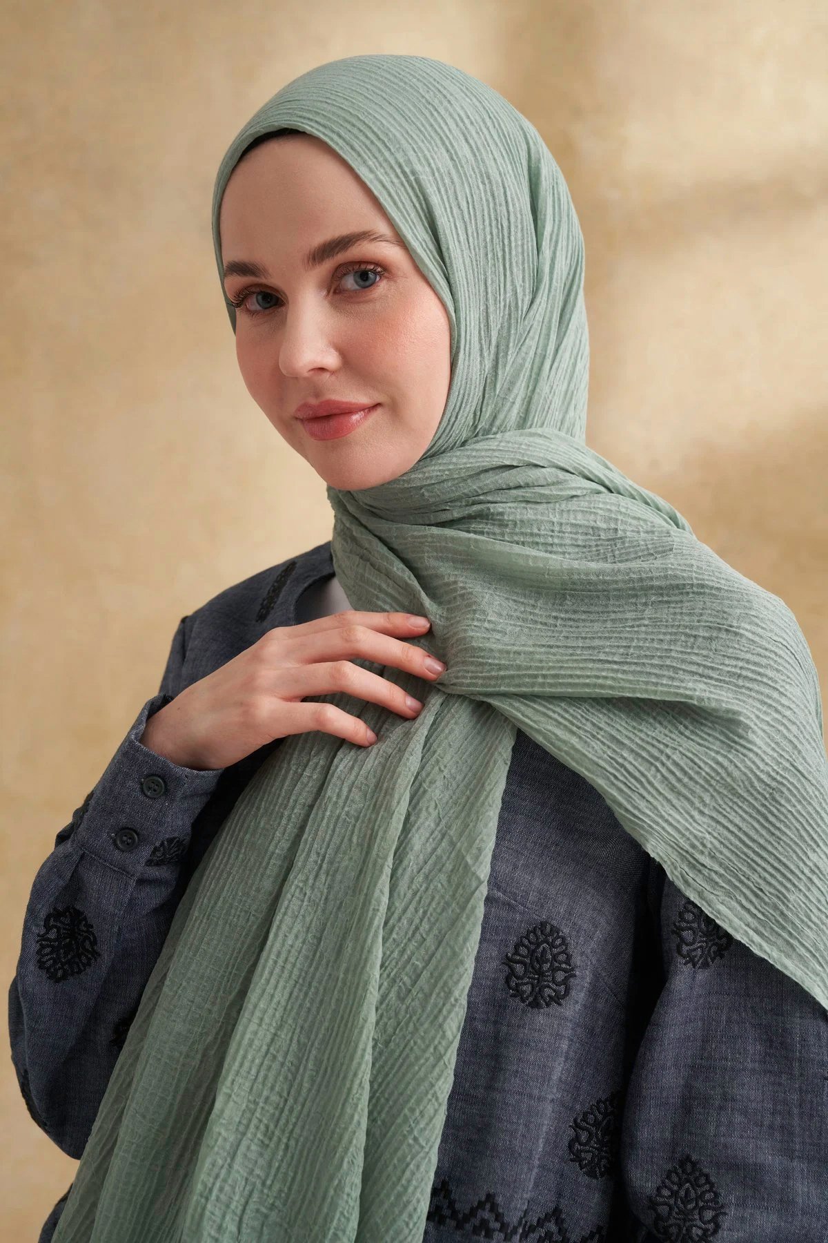 Müslin Yaprak Desen Şal 3351-173 Mint Yeşili 