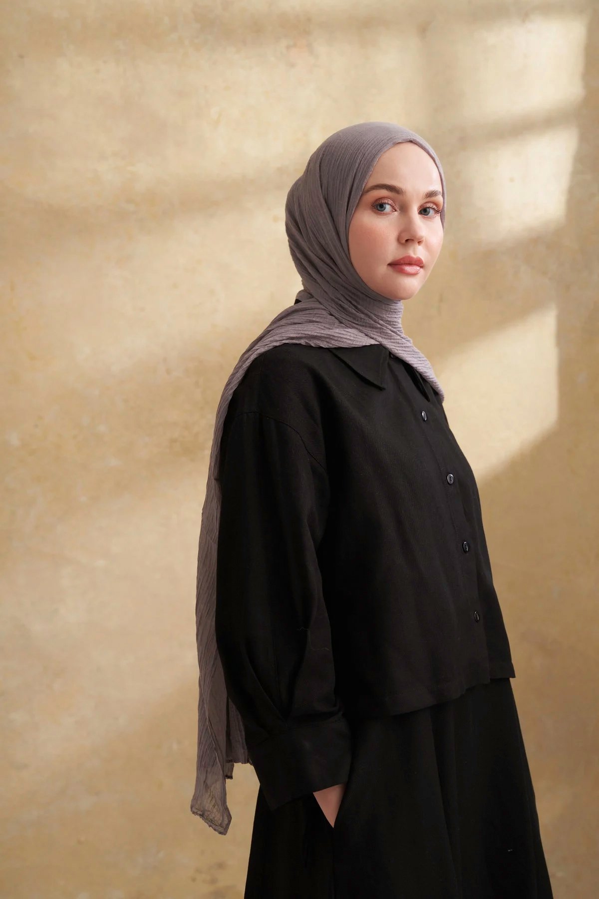 Müslin Yaprak Desen Şal 3351-179 Koyu Gri 