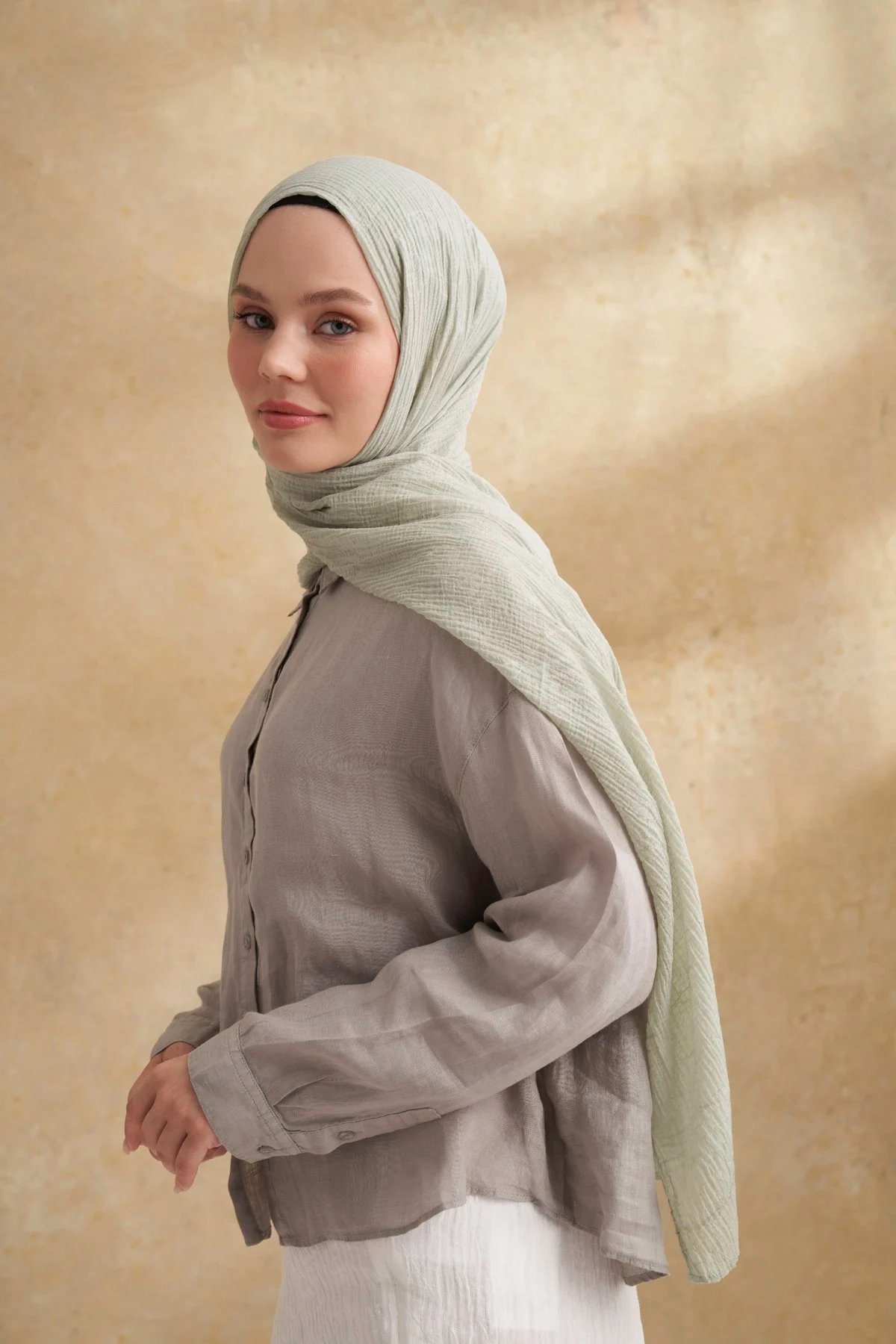 Müslin Yaprak Desen Şal 3351-205 Keten Yeşili 