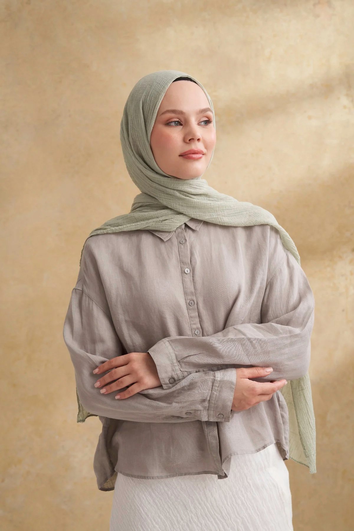 Müslin Yaprak Desen Şal 3351-205 Keten Yeşili 