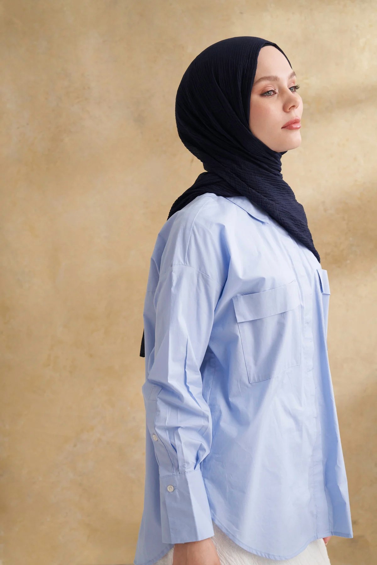 Müslin Yaprak Desen Şal 3351-22 Lacivert 