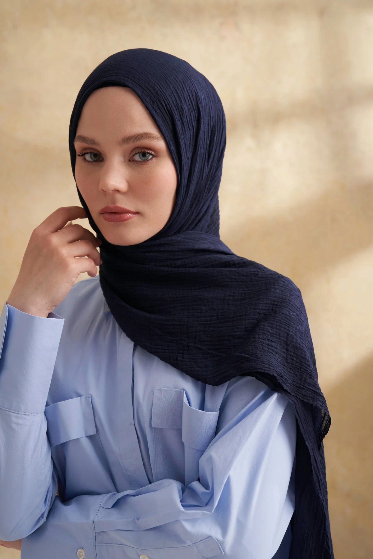 Müslin Yaprak Desen Şal 3351-22 Lacivert 