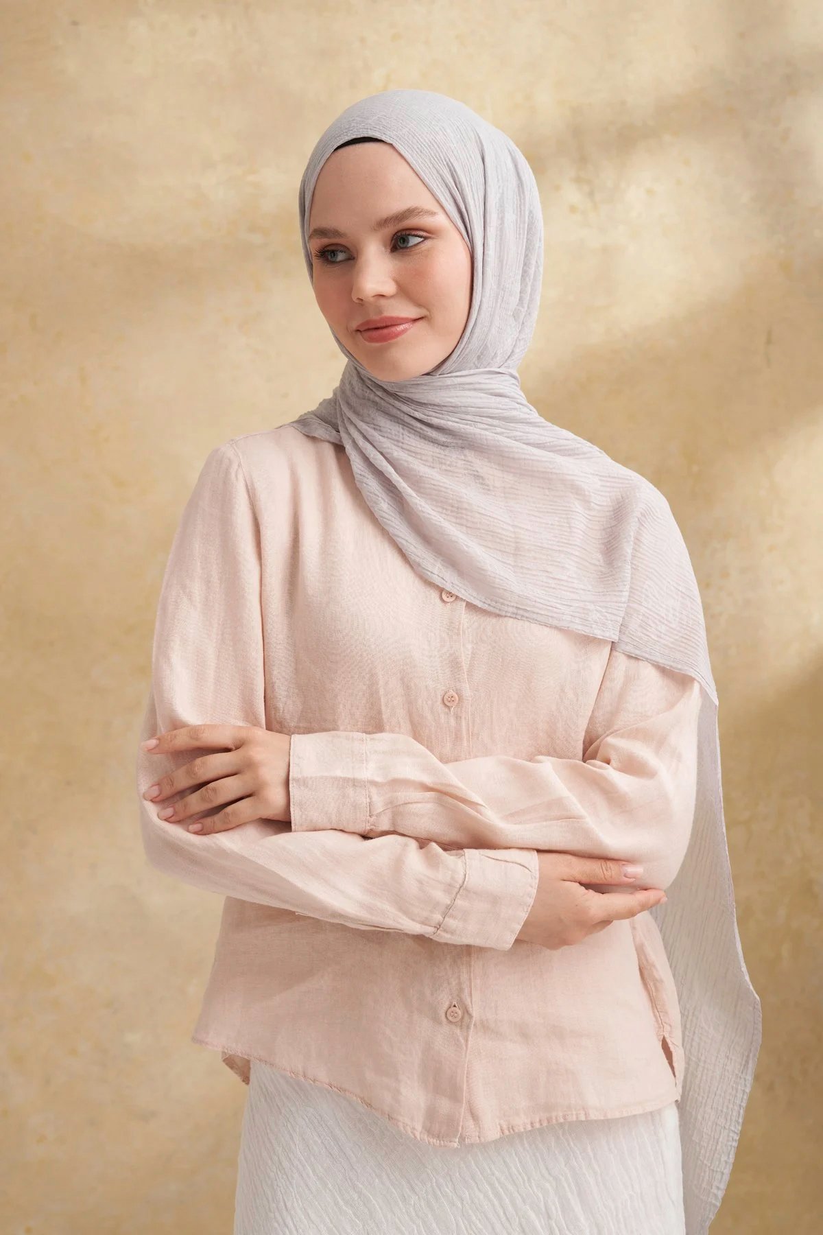 Müslin Yaprak Desen Şal 3351-311 Gümüş 