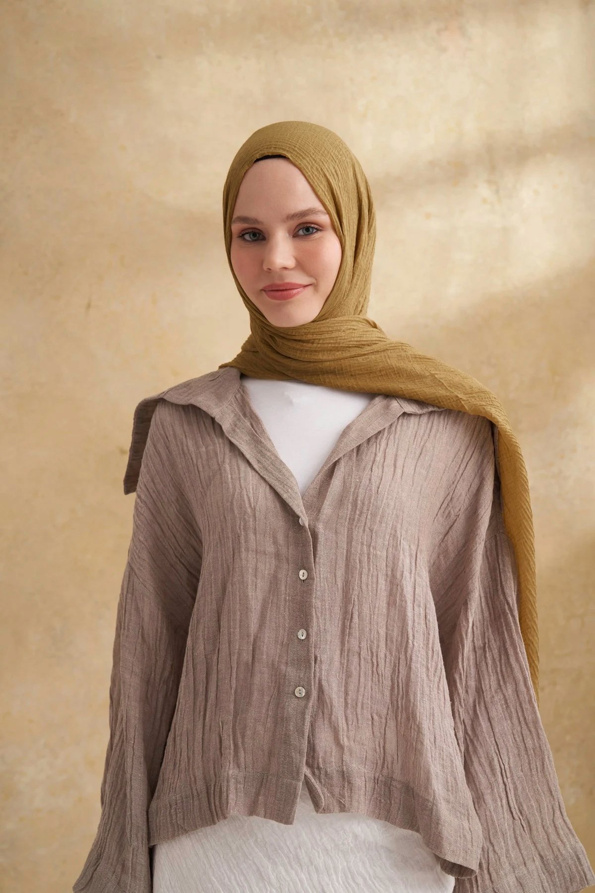 Müslin Yaprak Desen Şal 3351-322 Zeytin 