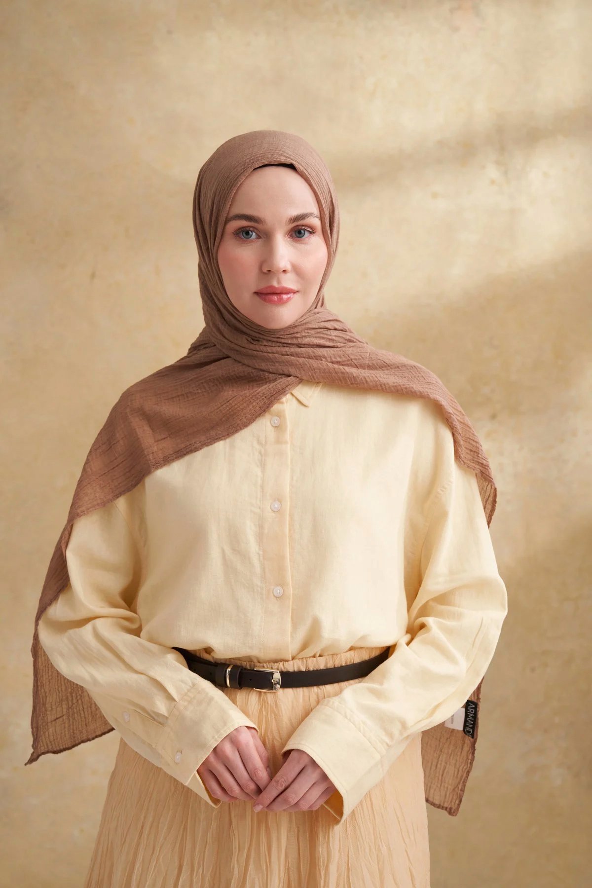 Müslin Yaprak Desen Şal 3351-35 Vizon 