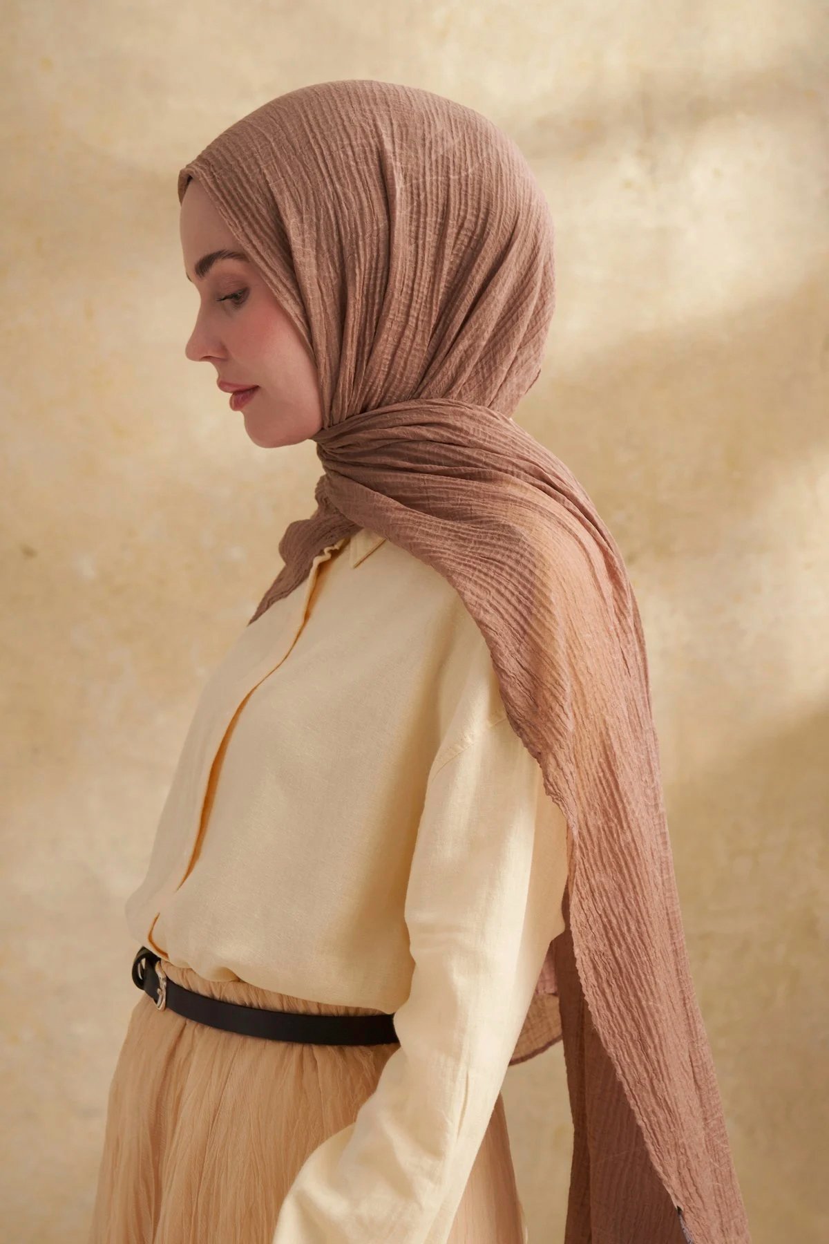 Müslin Yaprak Desen Şal 3351-35 Vizon 