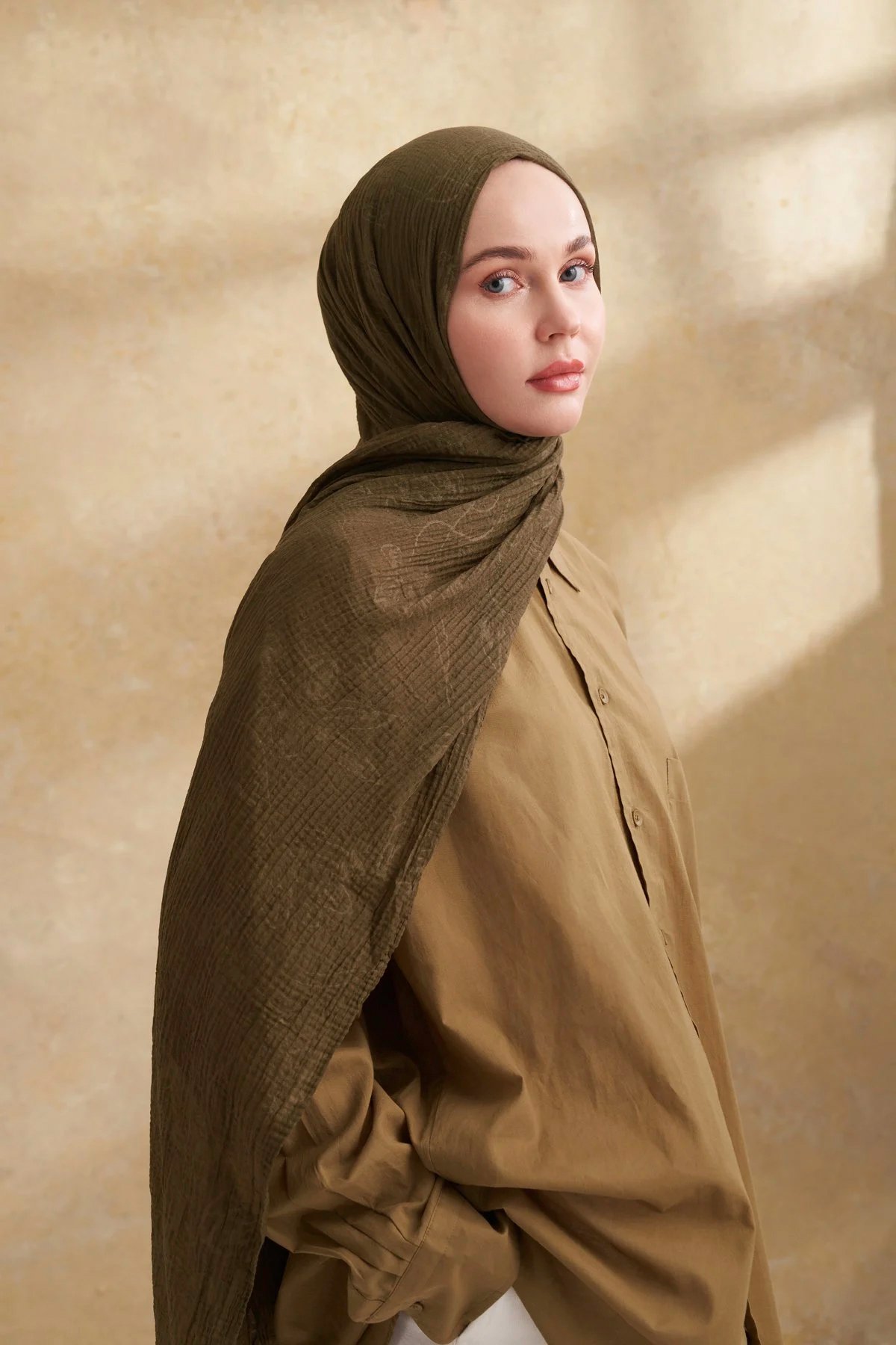 Müslin Yaprak Desen Şal 3351-46 Haki 
