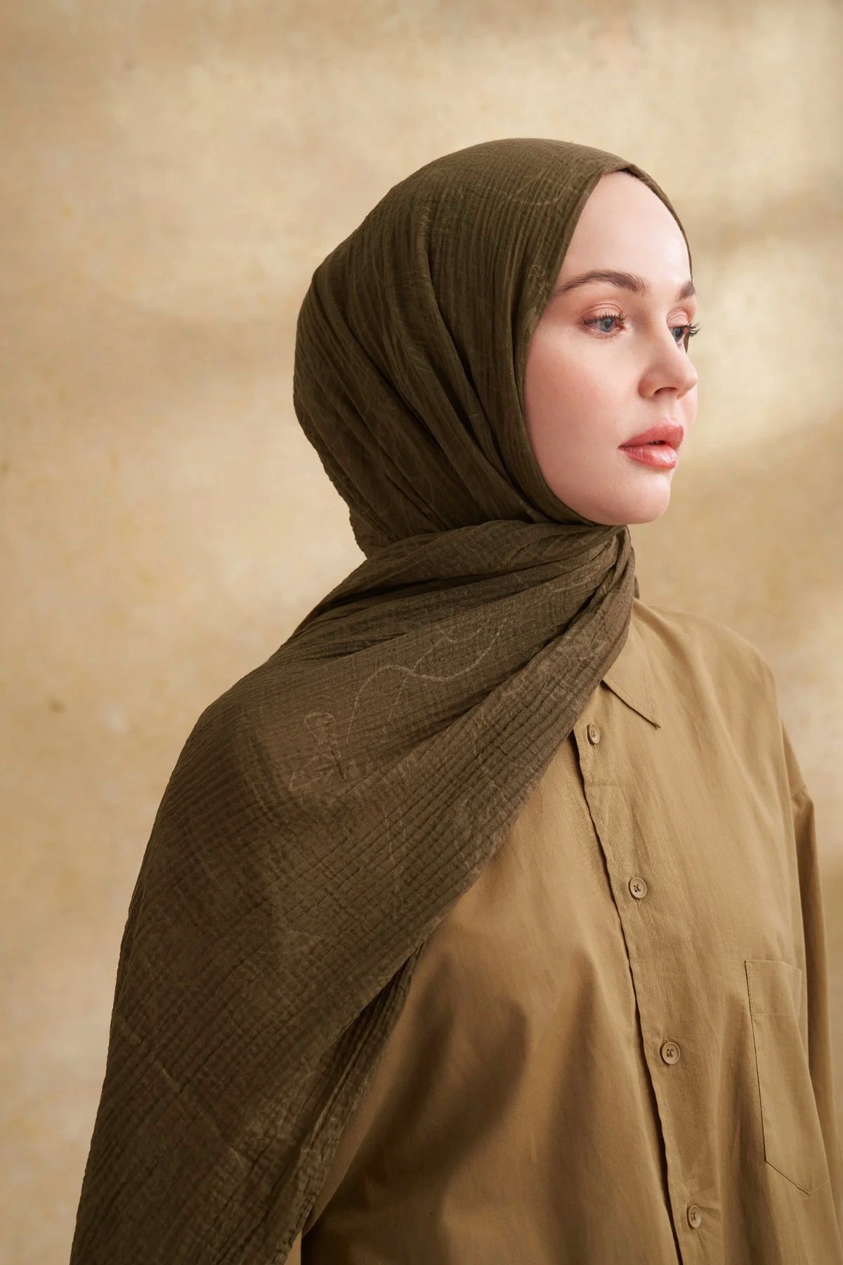 Müslin Yaprak Desen Şal 3351-46 Haki 