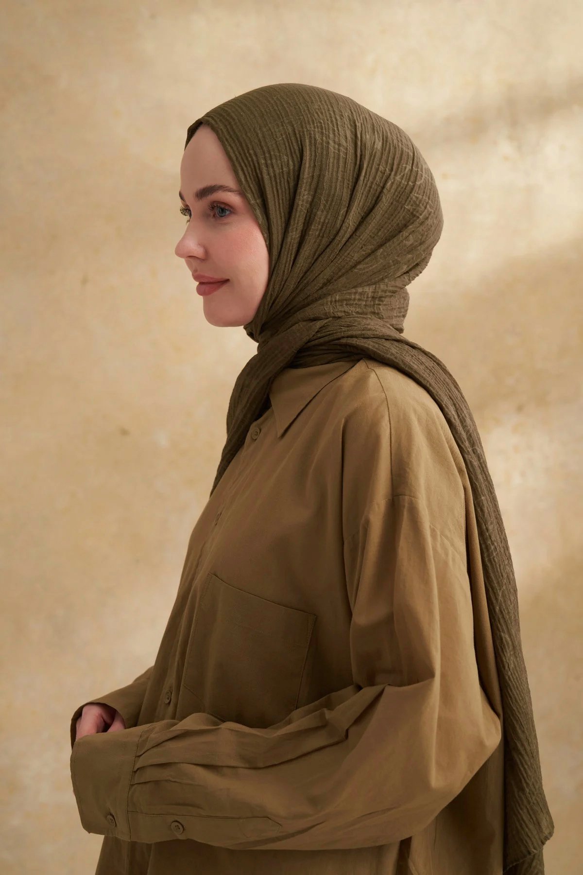 Müslin Yaprak Desen Şal 3351-46 Haki 