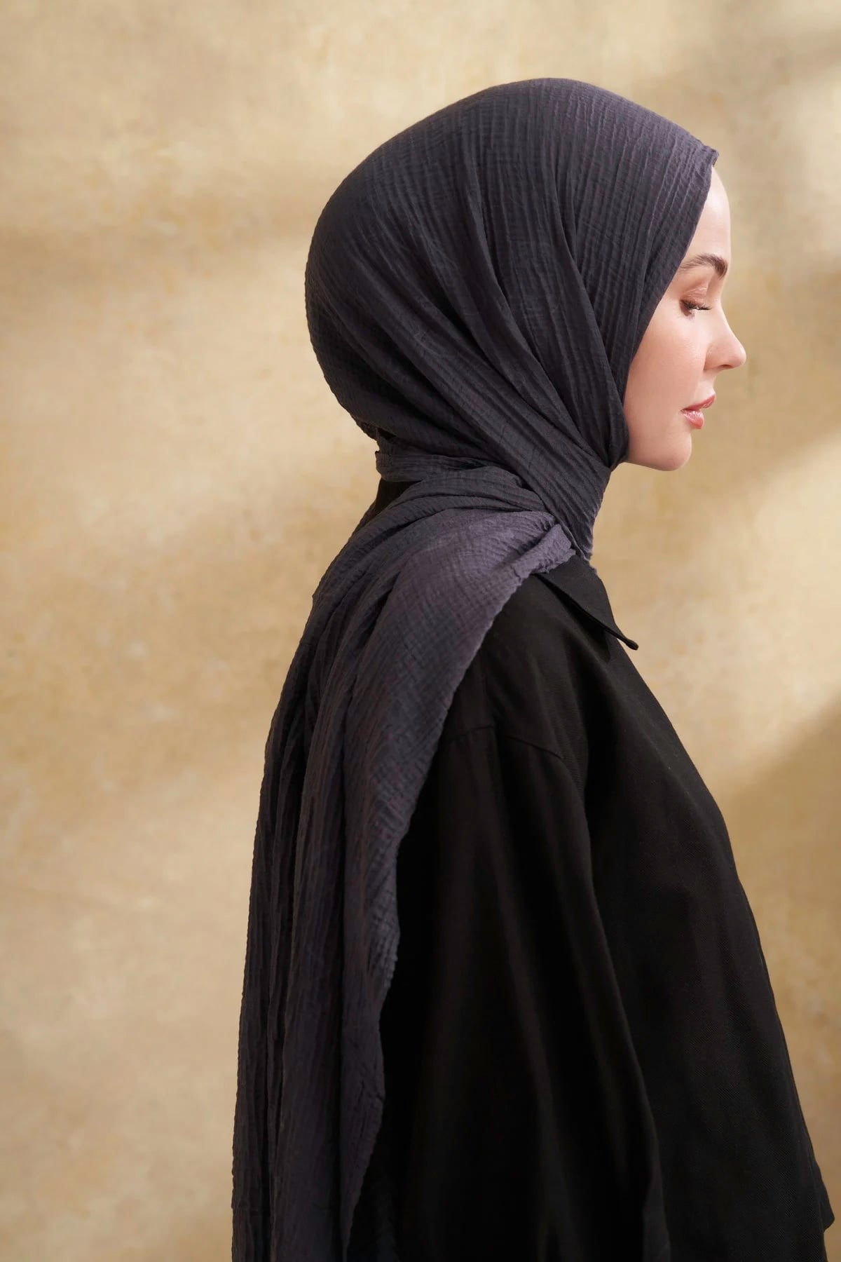 Müslin Yaprak Desen Şal 3351-515 Gri-Mavi 