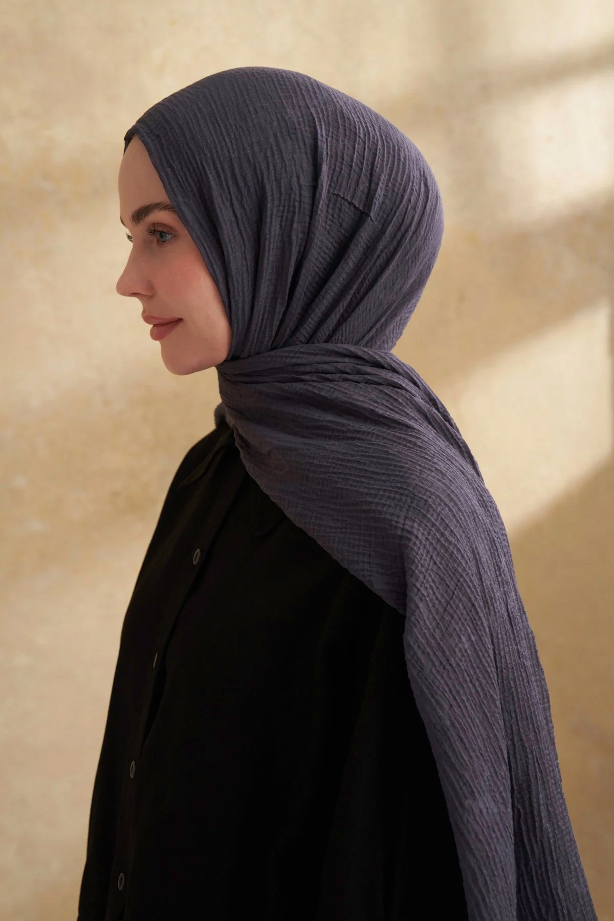 Müslin Yaprak Desen Şal 3351-515 Gri-Mavi 