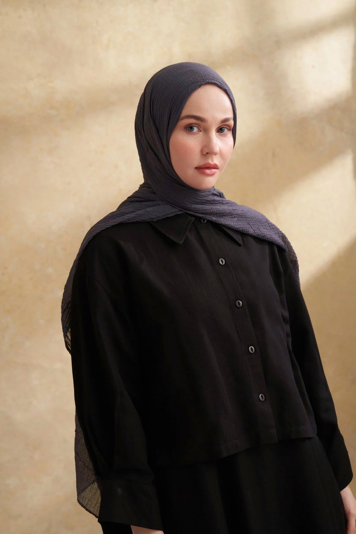 Müslin Yaprak Desen Şal 3351-515 Gri-Mavi 