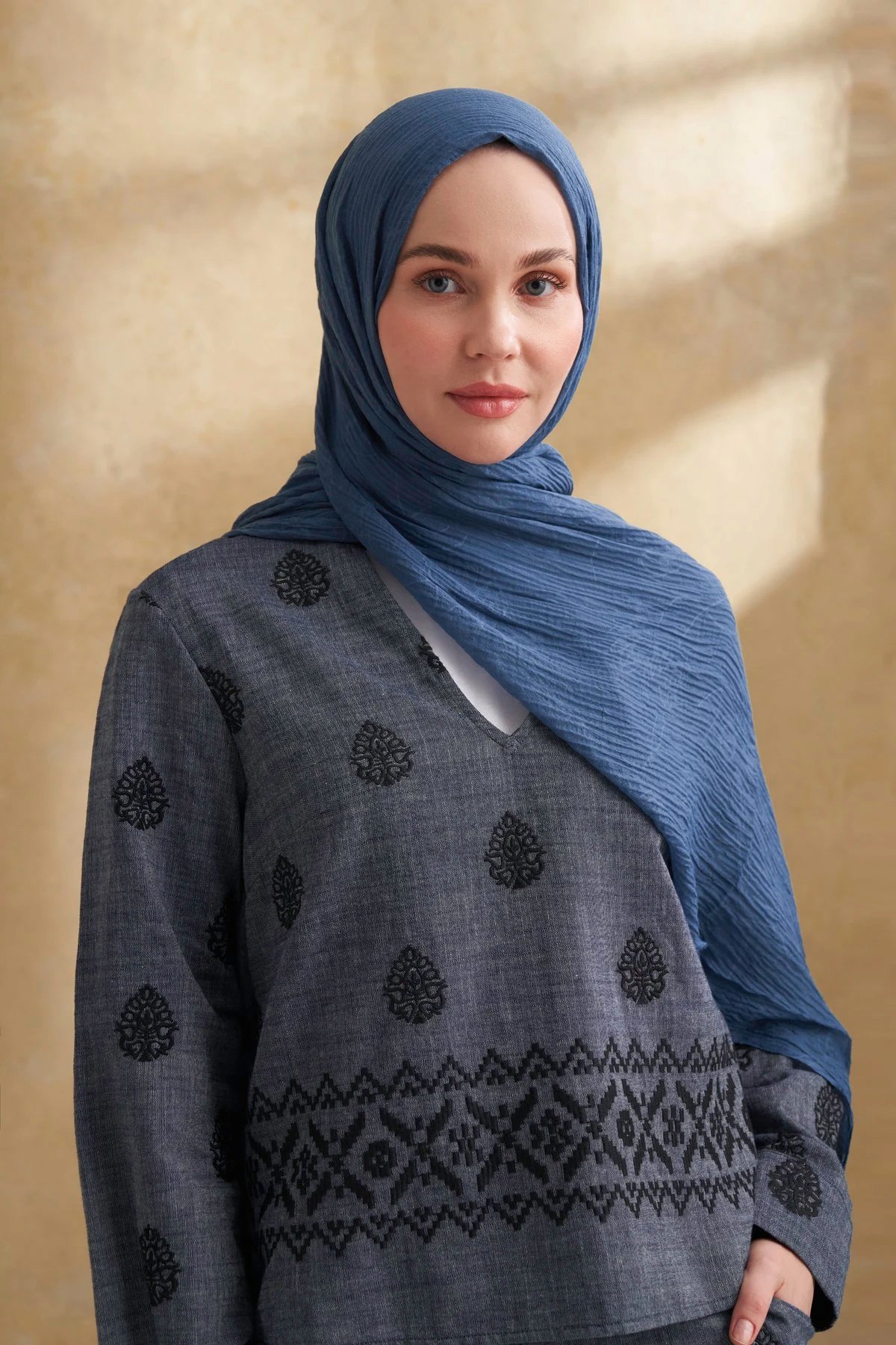 Müslin Yaprak Desen Şal 3351-520 İndigo 