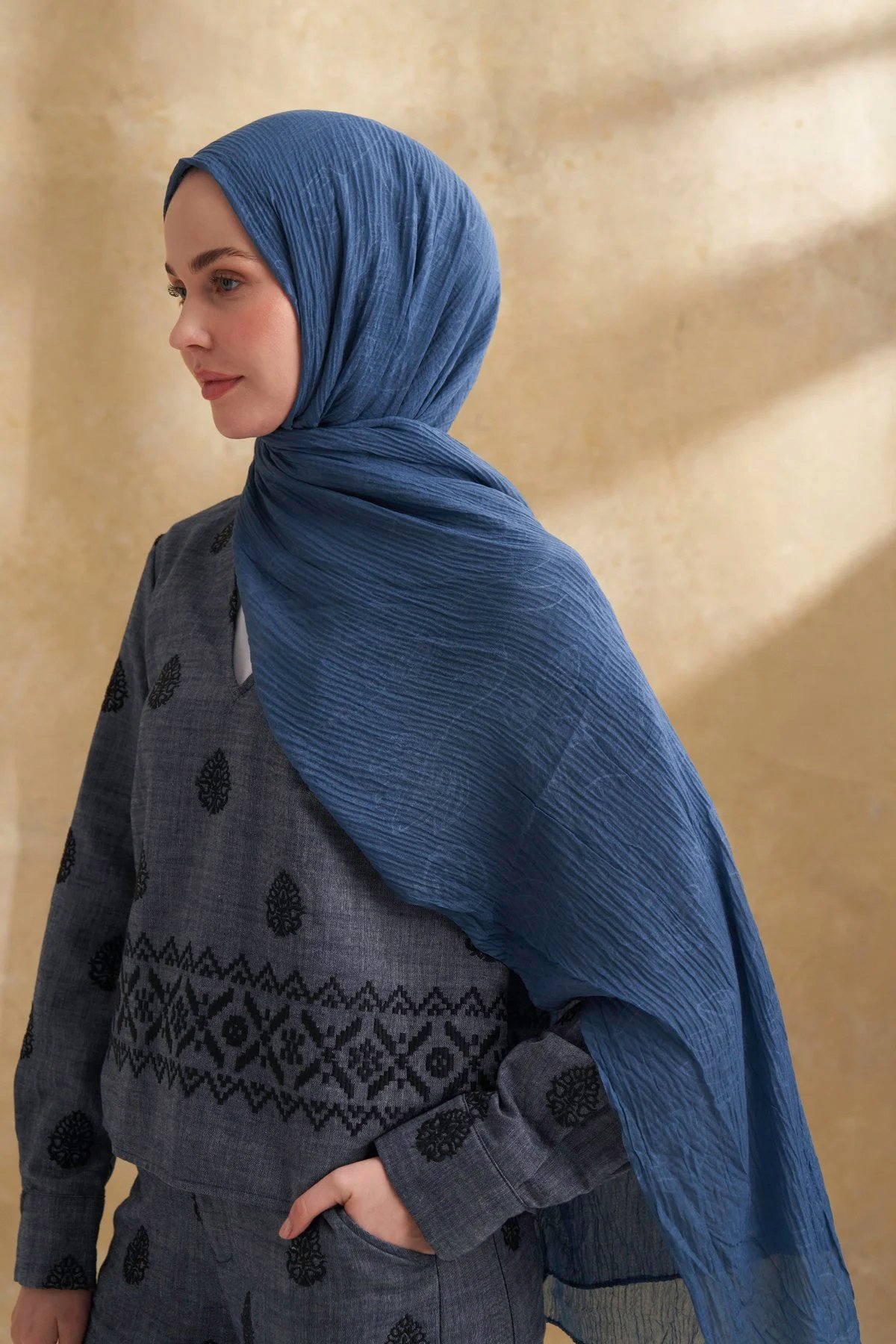 Müslin Yaprak Desen Şal 3351-520 İndigo 