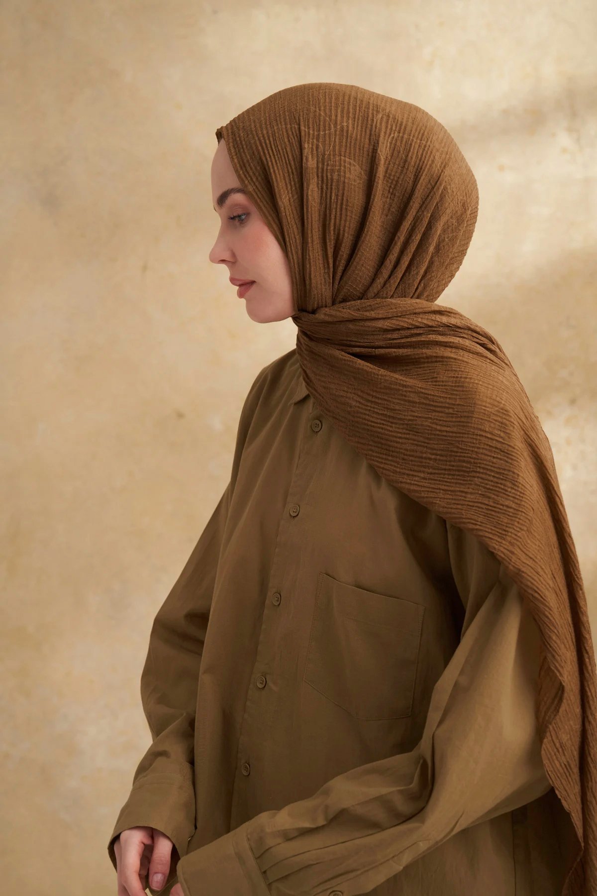 Müslin Yaprak Desen Şal 3351-695 Koyu Yağ Yeşili 