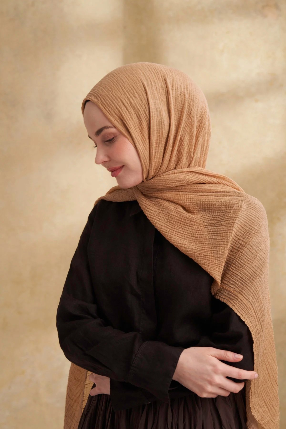 Müslin Yaprak Desen Şal 3351-711 Koyu Bej 