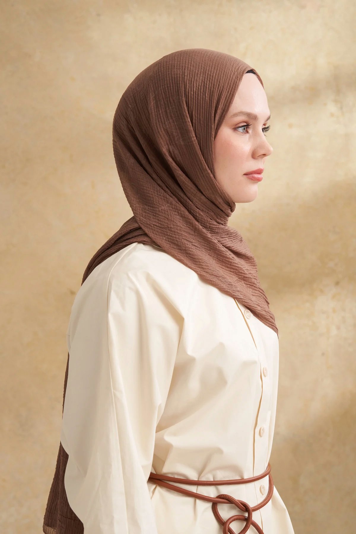 Müslin Yaprak Desen Şal 3351-781 Koyu Vizon 