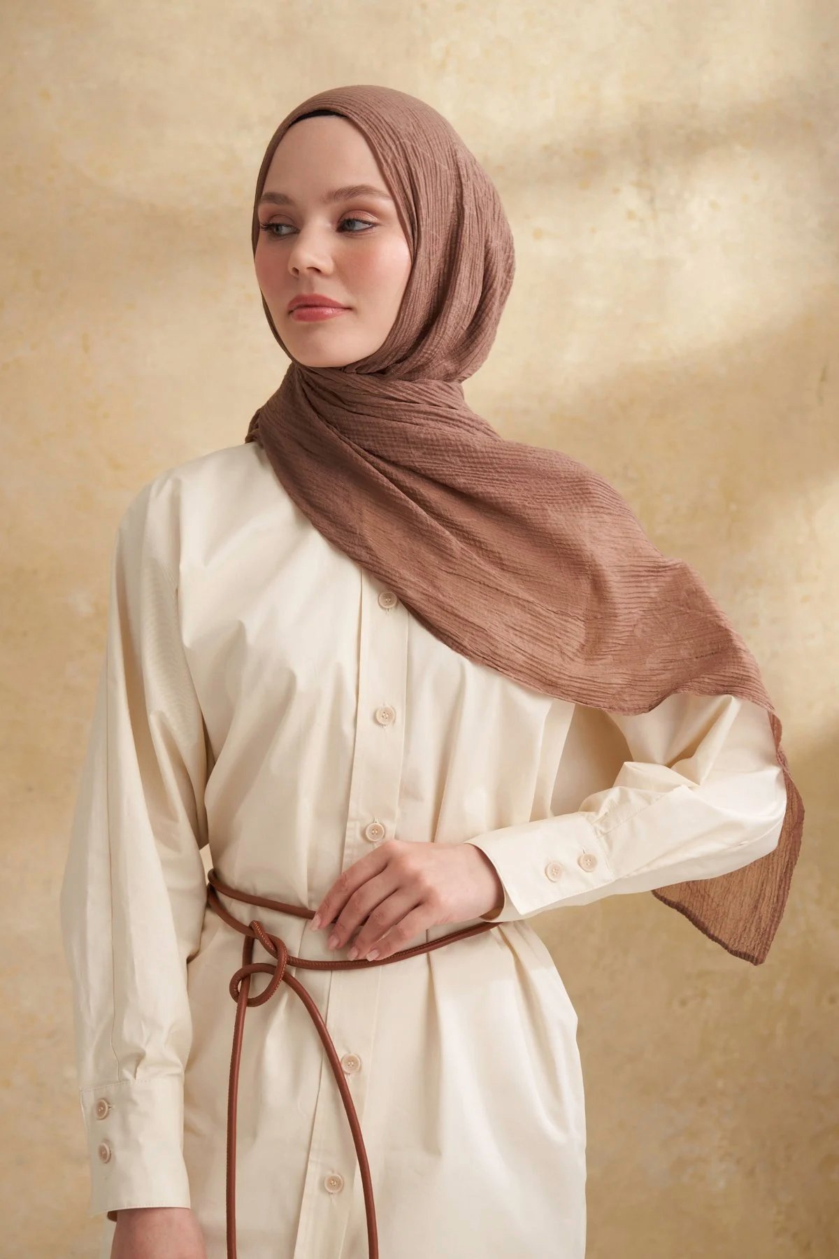 Müslin Yaprak Desen Şal 3351-781 Koyu Vizon 