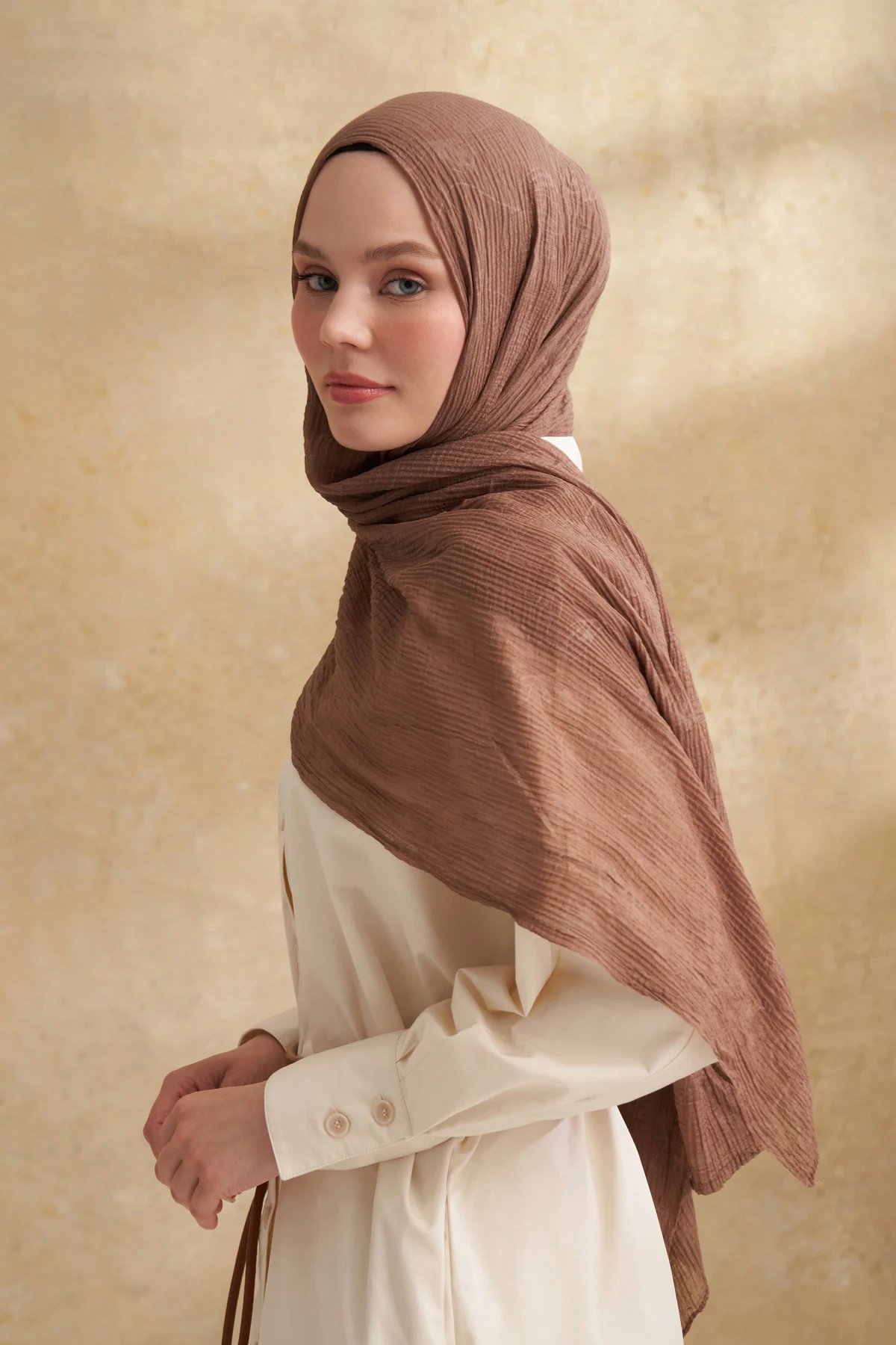 Müslin Yaprak Desen Şal 3351-781 Koyu Vizon 