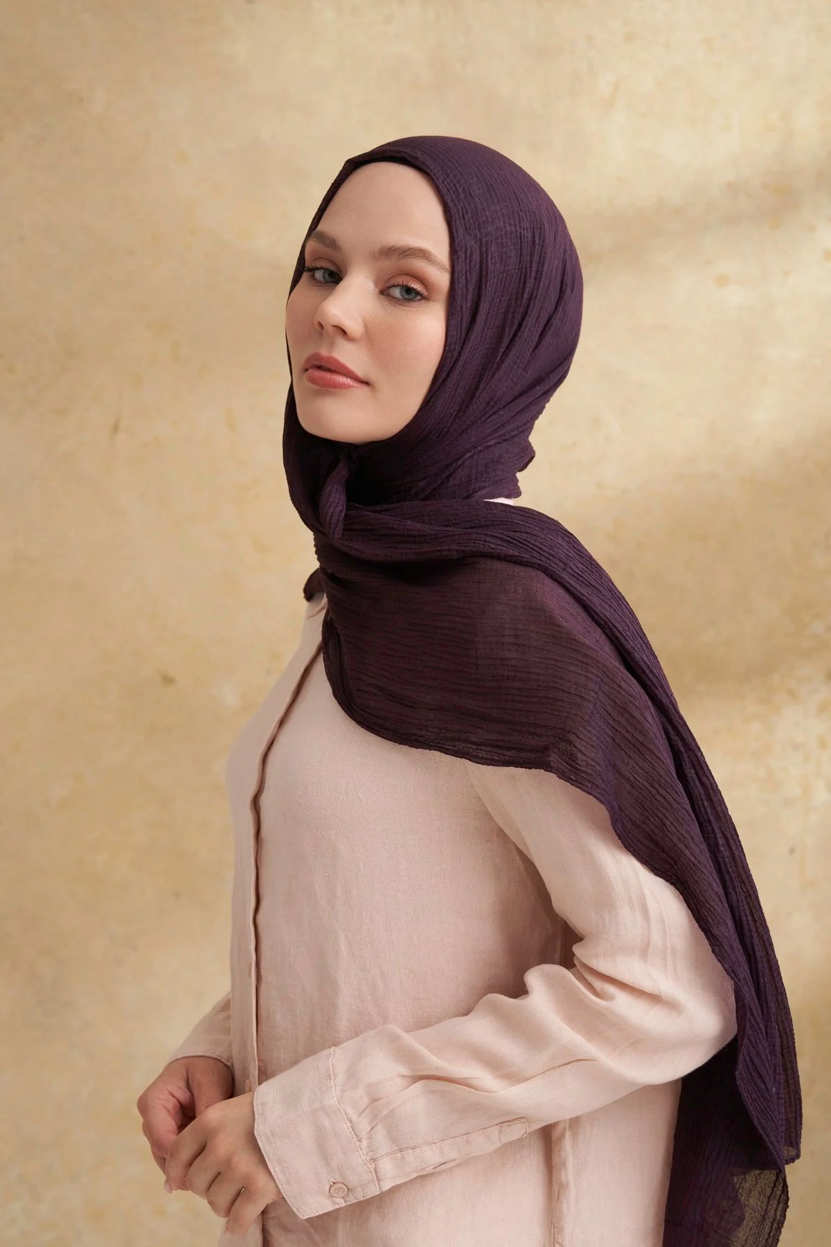 Müslin Yaprak Desen Şal 3351-82 Mürdüm 