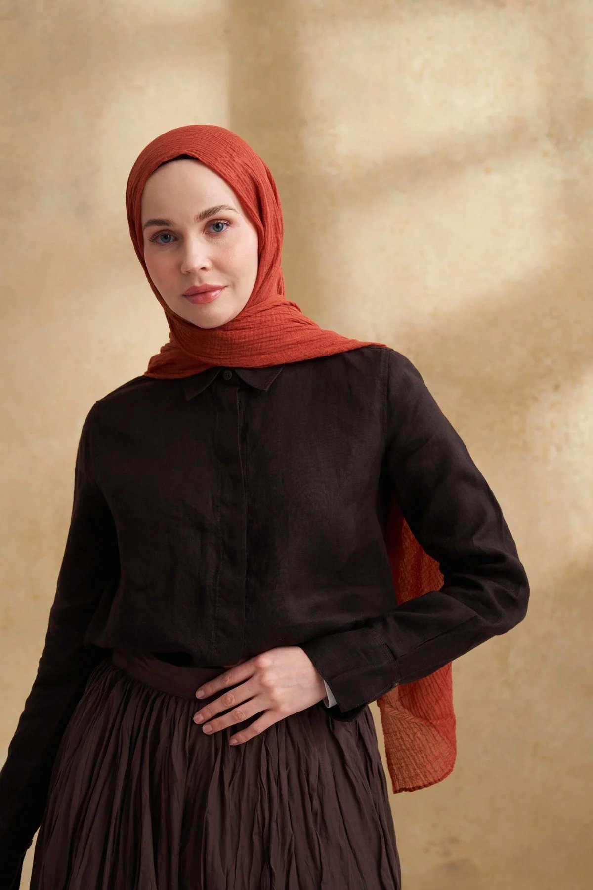 Müslin Yaprak Desen Şal 3351-85 Kiremit 