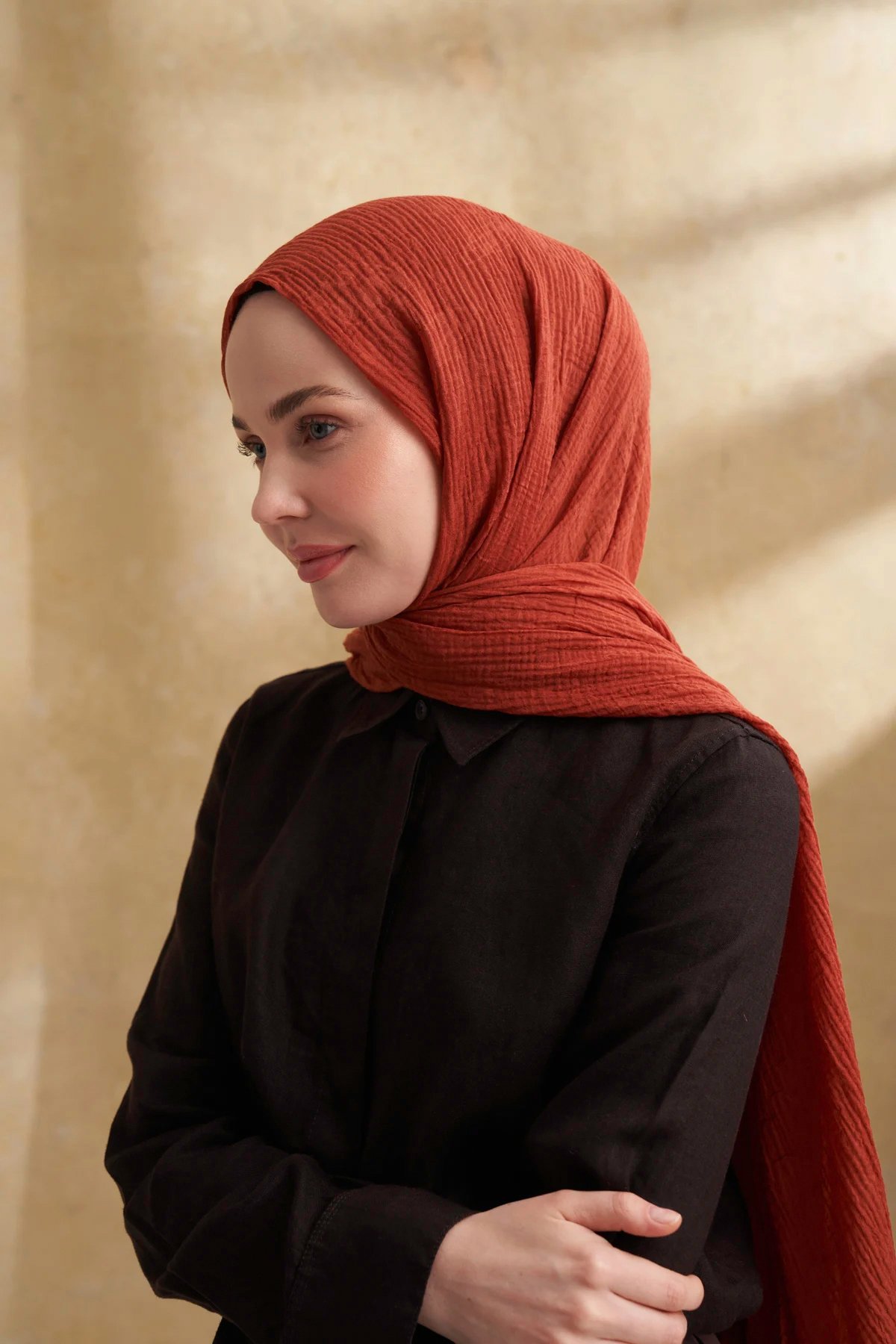 Müslin Yaprak Desen Şal 3351-85 Kiremit 