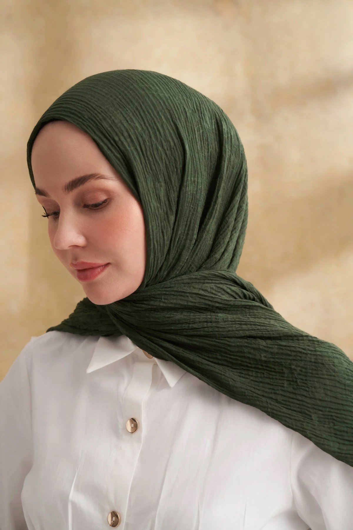 Müslin Yaprak Desenli Şal 3351-1044 Çam Yeşili 