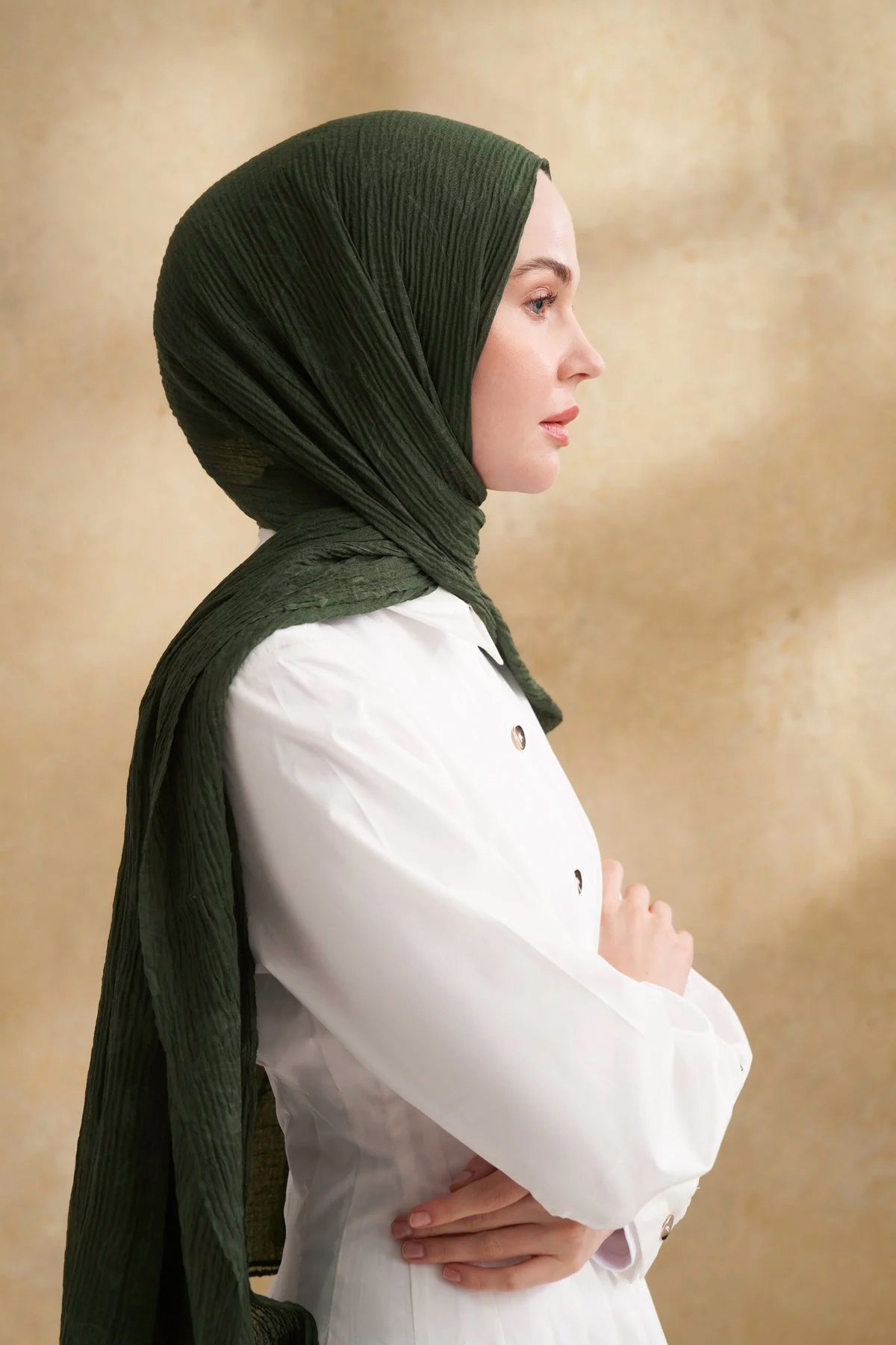 Müslin Yaprak Desenli Şal 3351-1044 Çam Yeşili 