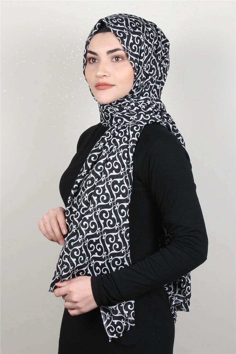 Pamuklu Desenli Şal 5753-12 Siyah-Beyaz