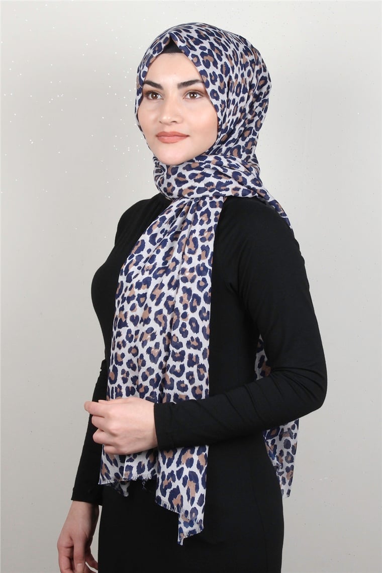 Pamuklu Desenli Şal 5755-13 Lacivert