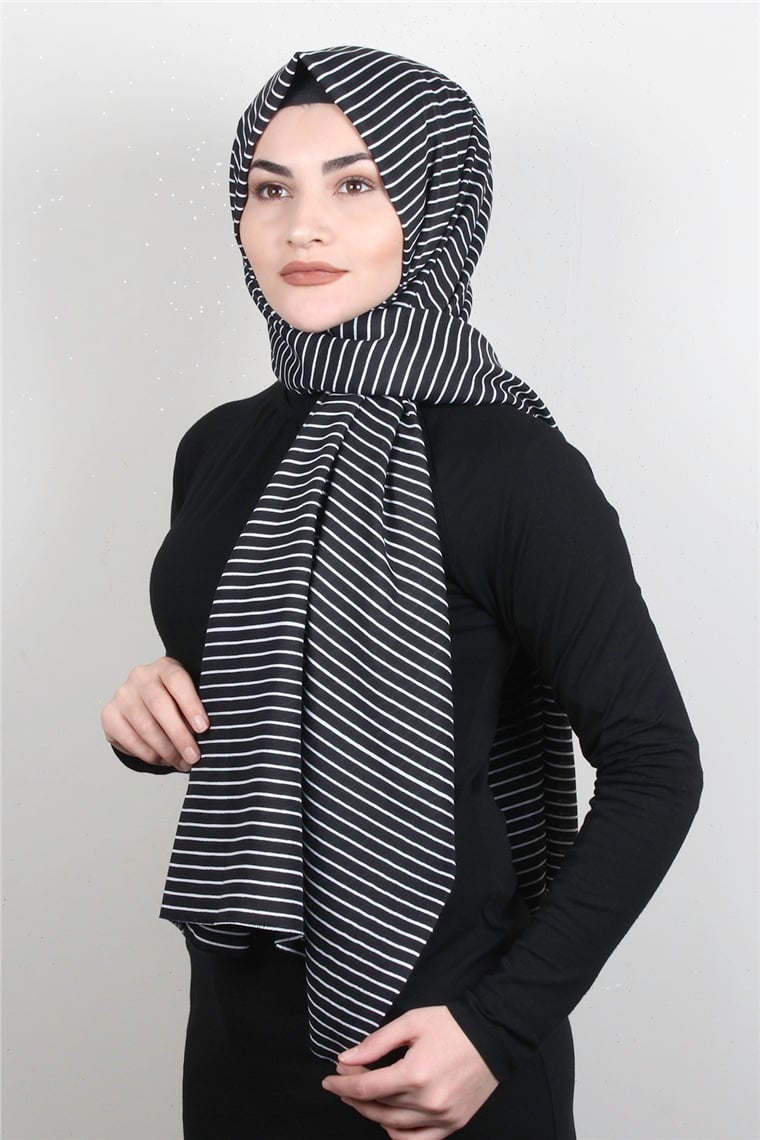 Pamuklu Siyah Beyaz Şal 7890-10
