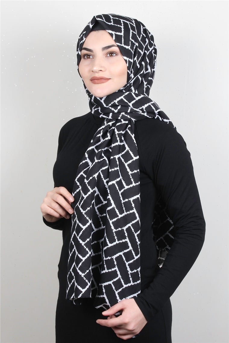 Pamuklu Siyah Beyaz Şal 7890-4