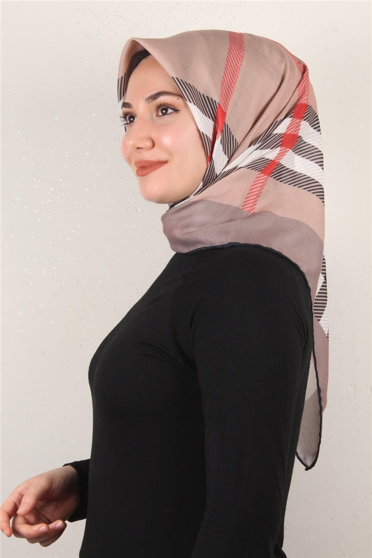 Pamuklu Soft Eşarp 3308-5 Bej-Kırmızı