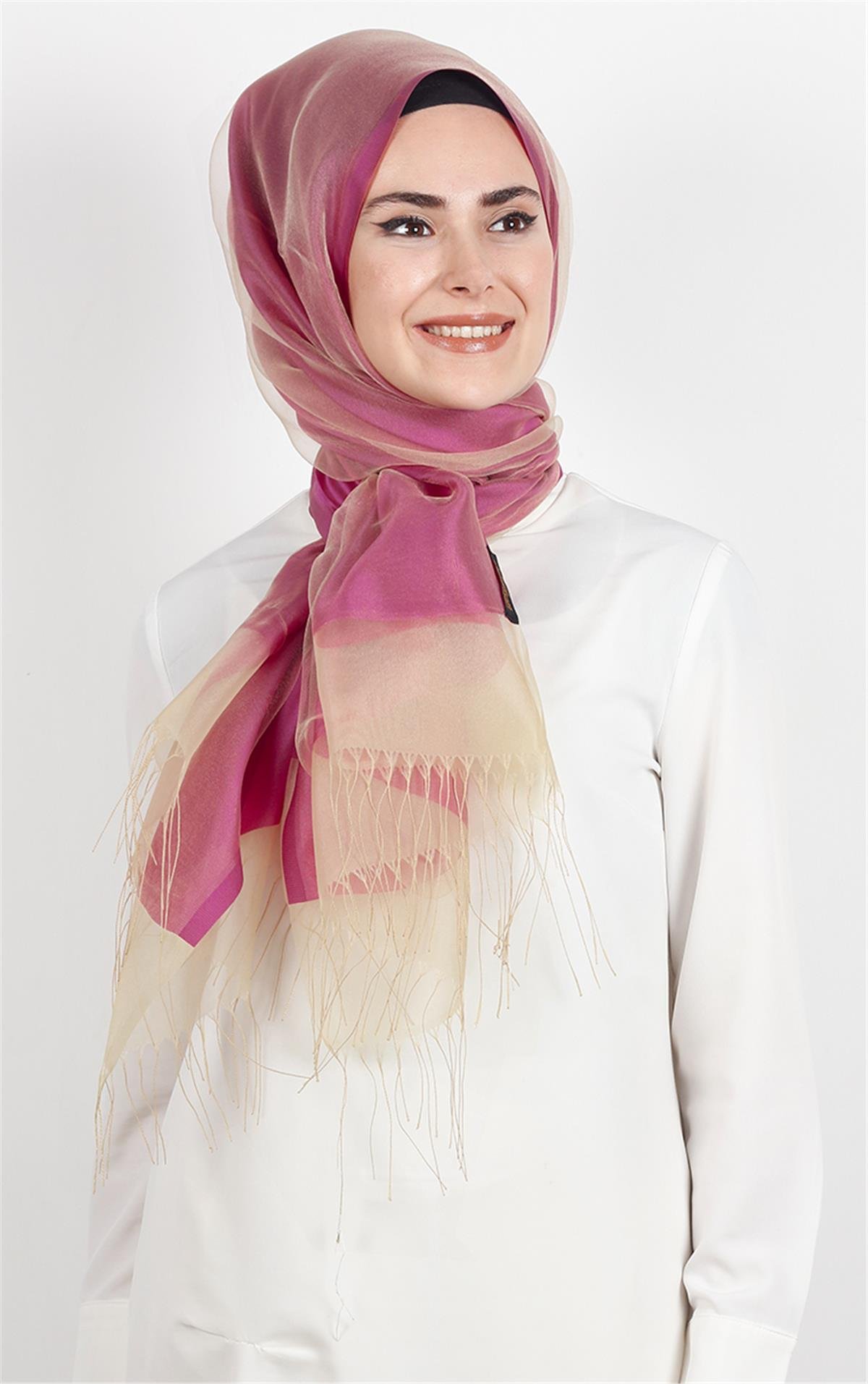 Prenses Tül Şal 2808-22 Gold-Pembe