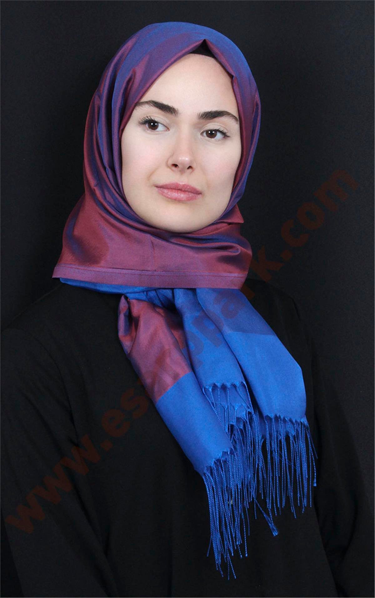 Prenses Tül Şal 2808-6 Mavi-Bordo