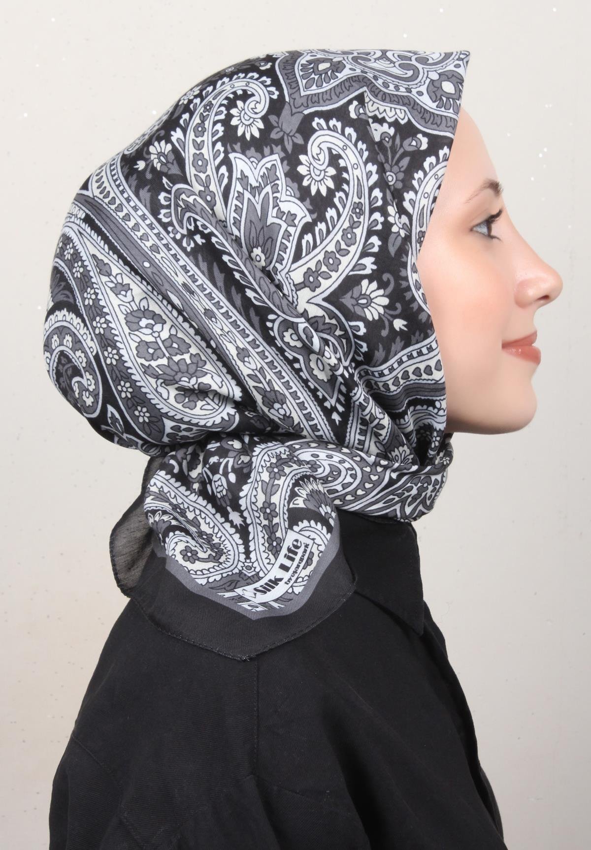 Silk Life Lotus Eşarp 4130-5 Gri Siyah